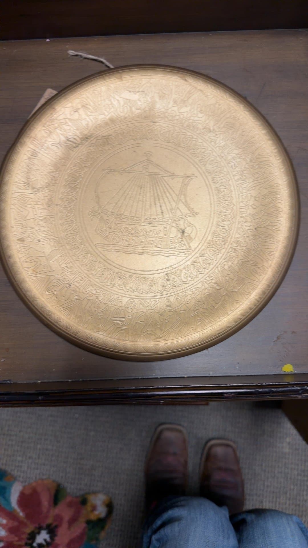 Scandinavian Embossed Brass Wall Plate with Viking Longship - Image 1