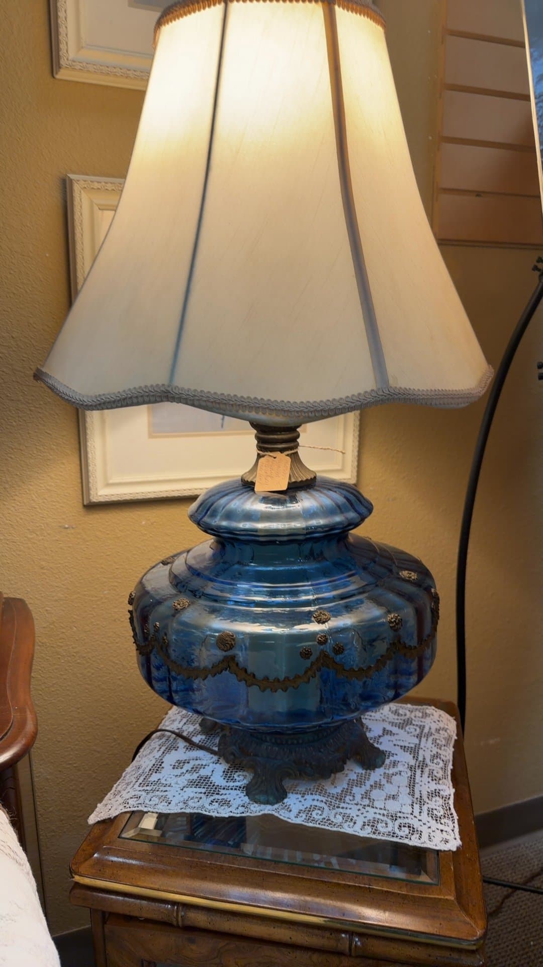 1960's-70's Hollywood Regency Mid Century Blue Glass Table Lamp with Fabric Shade - Image 1