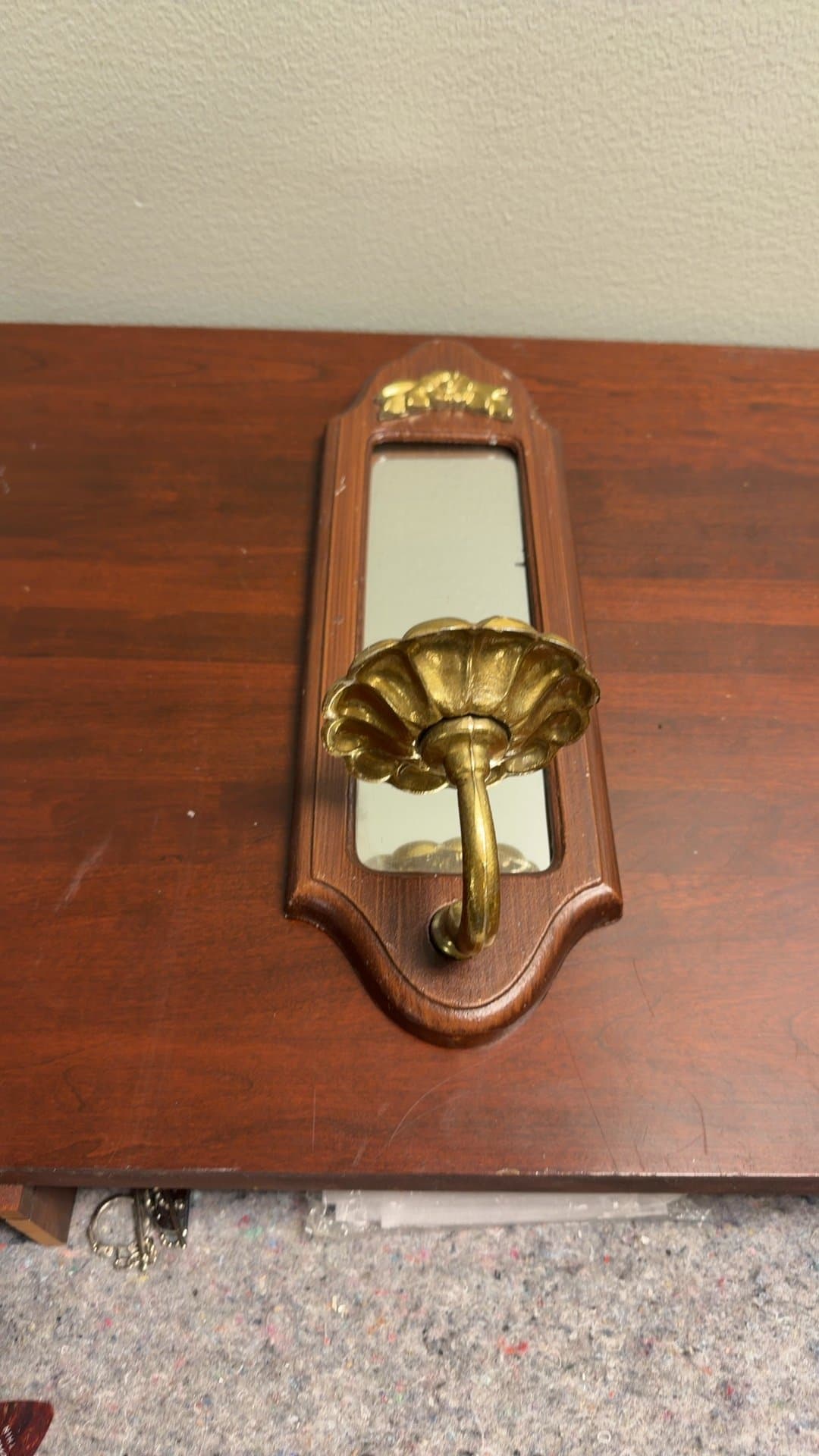 Vintage Wall-Mounted Mirror with Brass Hook - Image 1