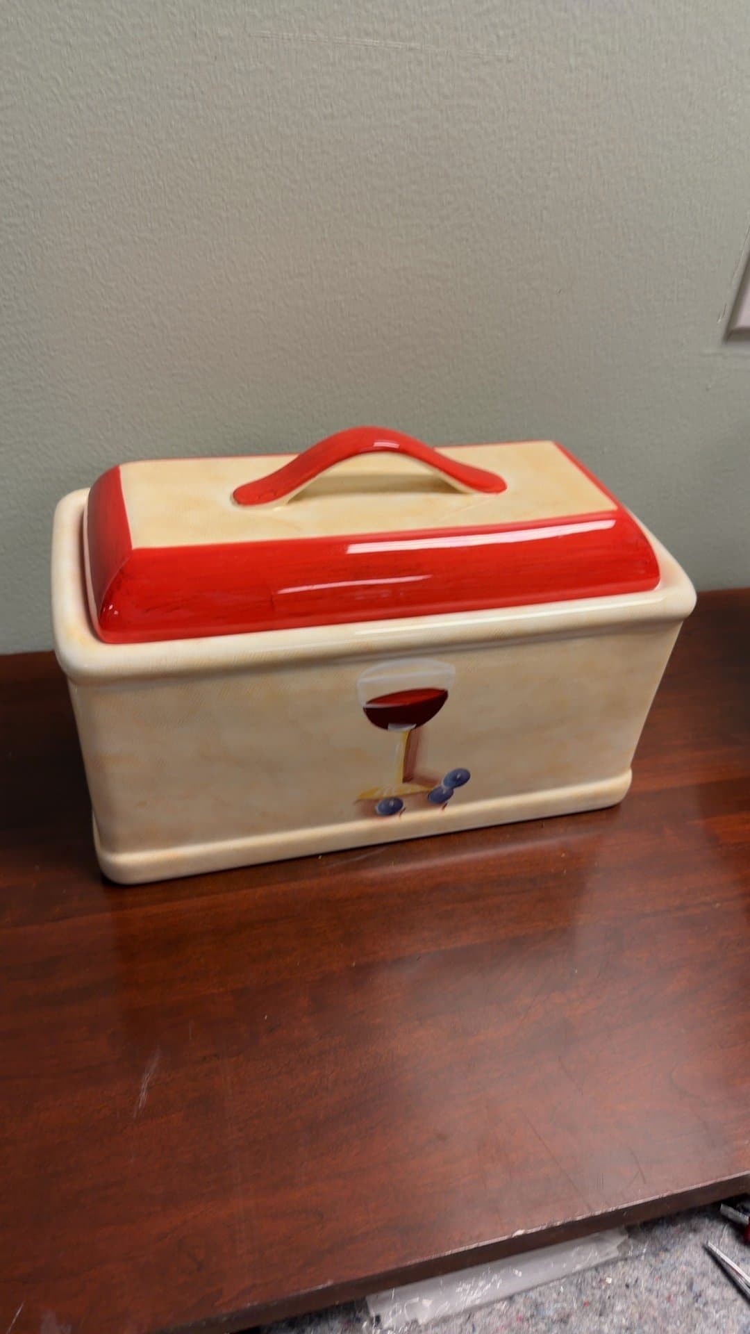 Ceramic Bread Box with Wine and Grape Design - Image 1