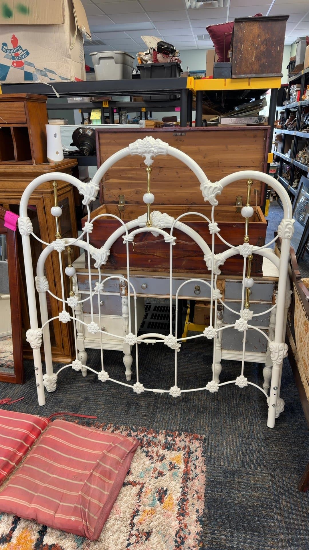 Vintage White Metal Bed Frame with Brass Accents - Image 1