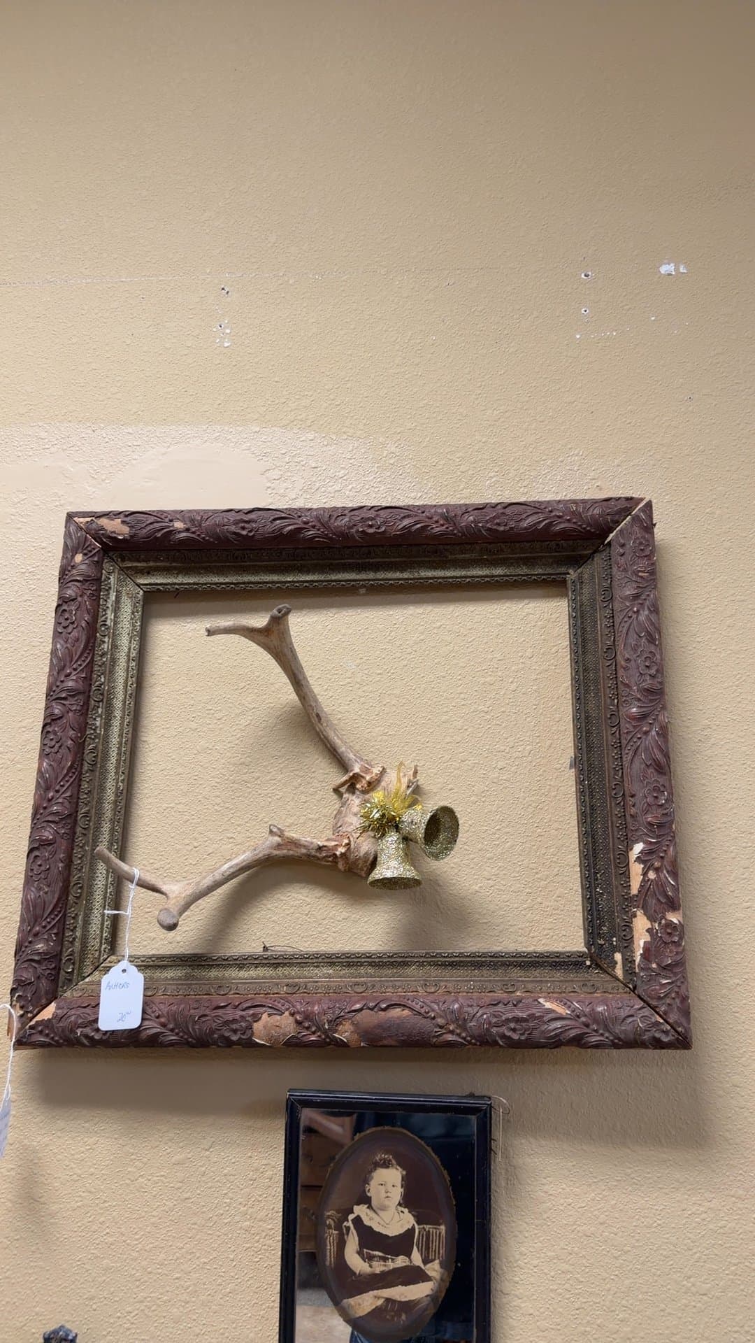 Antique Decorative Frame with Antler and Bell