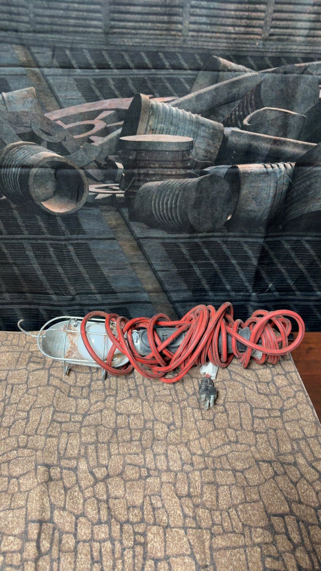 Vintage Industrial Work Light with Red Extension Cord - Image 1