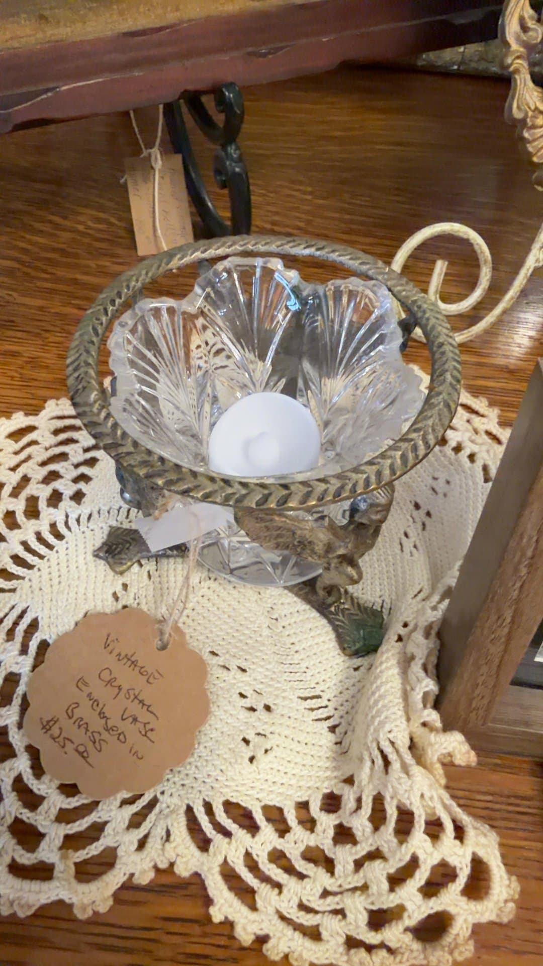 Vintage Crystal Vase with Brass Holder - Image 1