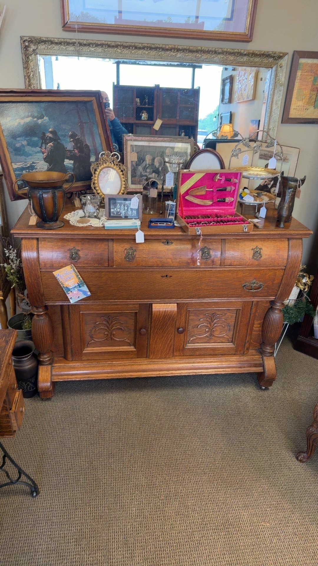 Antique Wooden Sideboard with Mirror - Image 1
