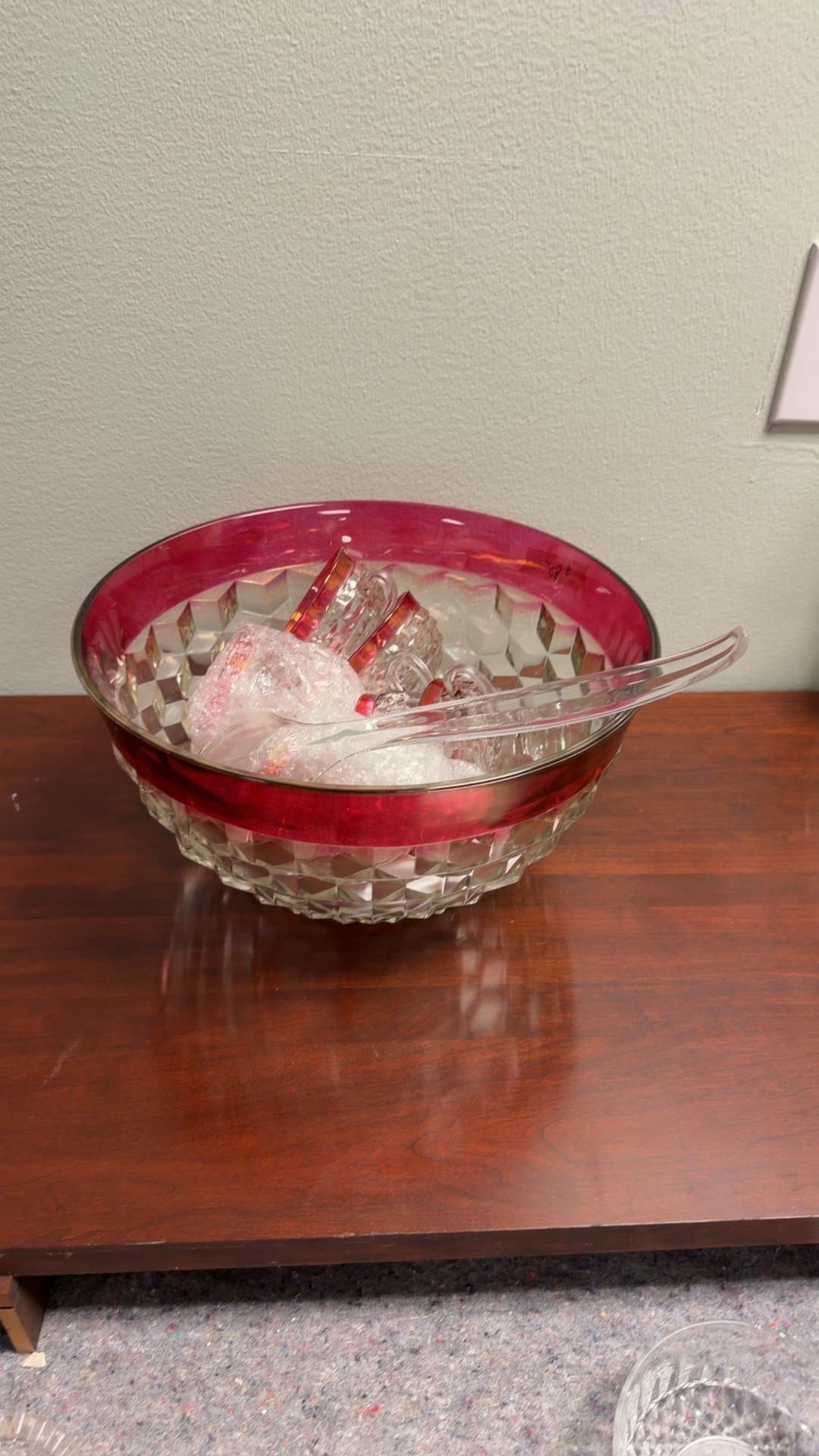 Vintage Glass Punch Bowl Set with Red Trim - Image 1