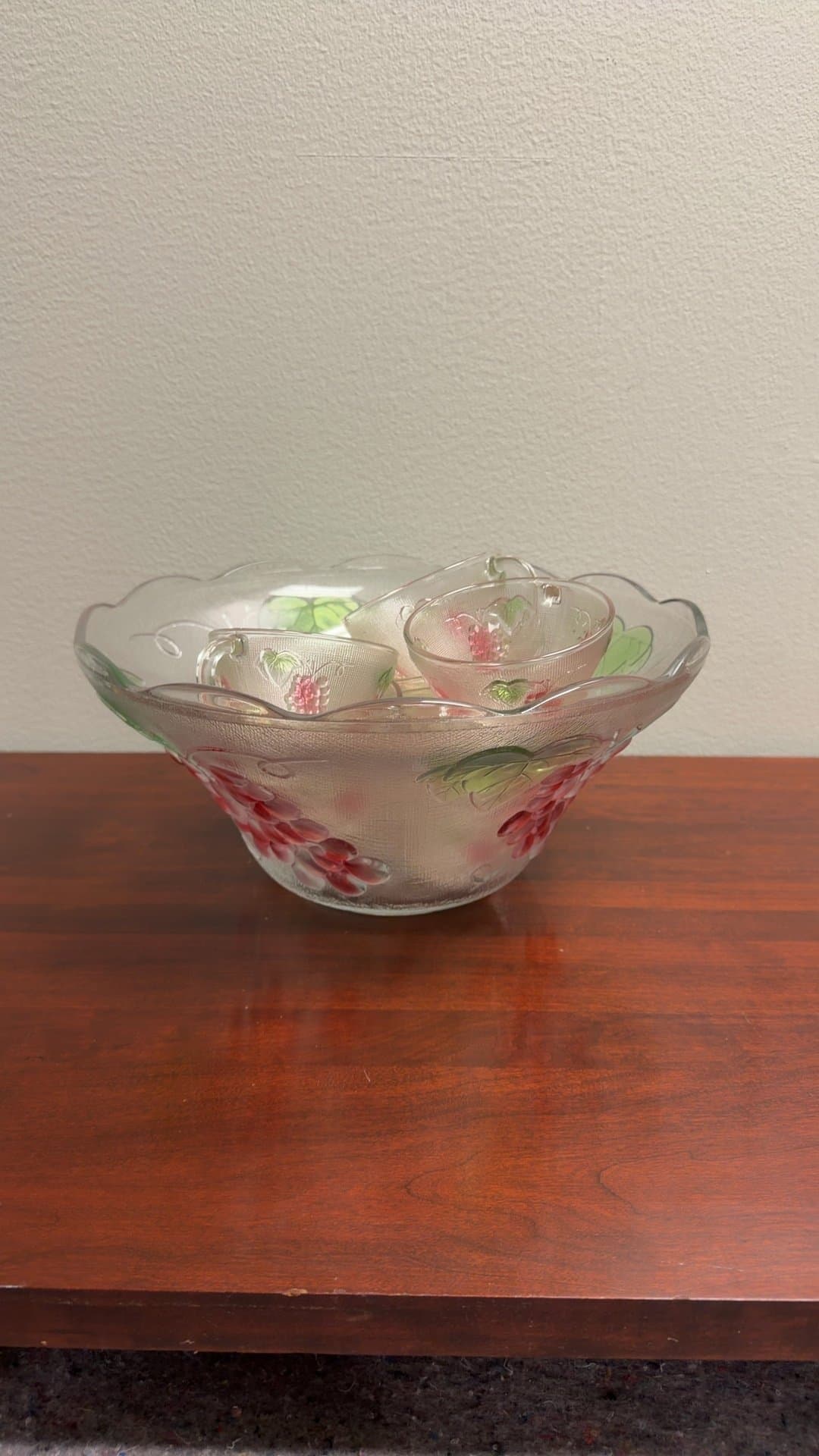 Vintage Glass Punch Bowl Set with Floral Design - Image 1