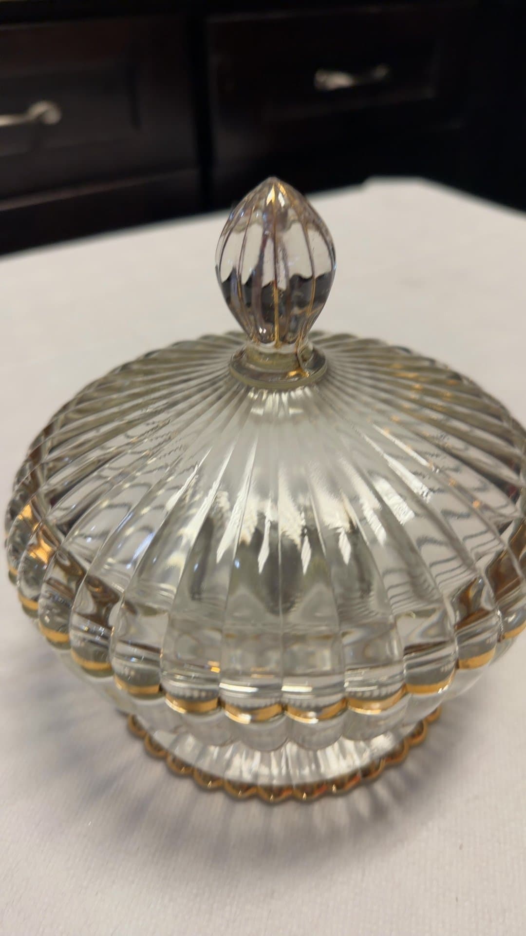 Vintage Gold Rimmed Ribbed Glass Covered Candy Dish - Image 1
