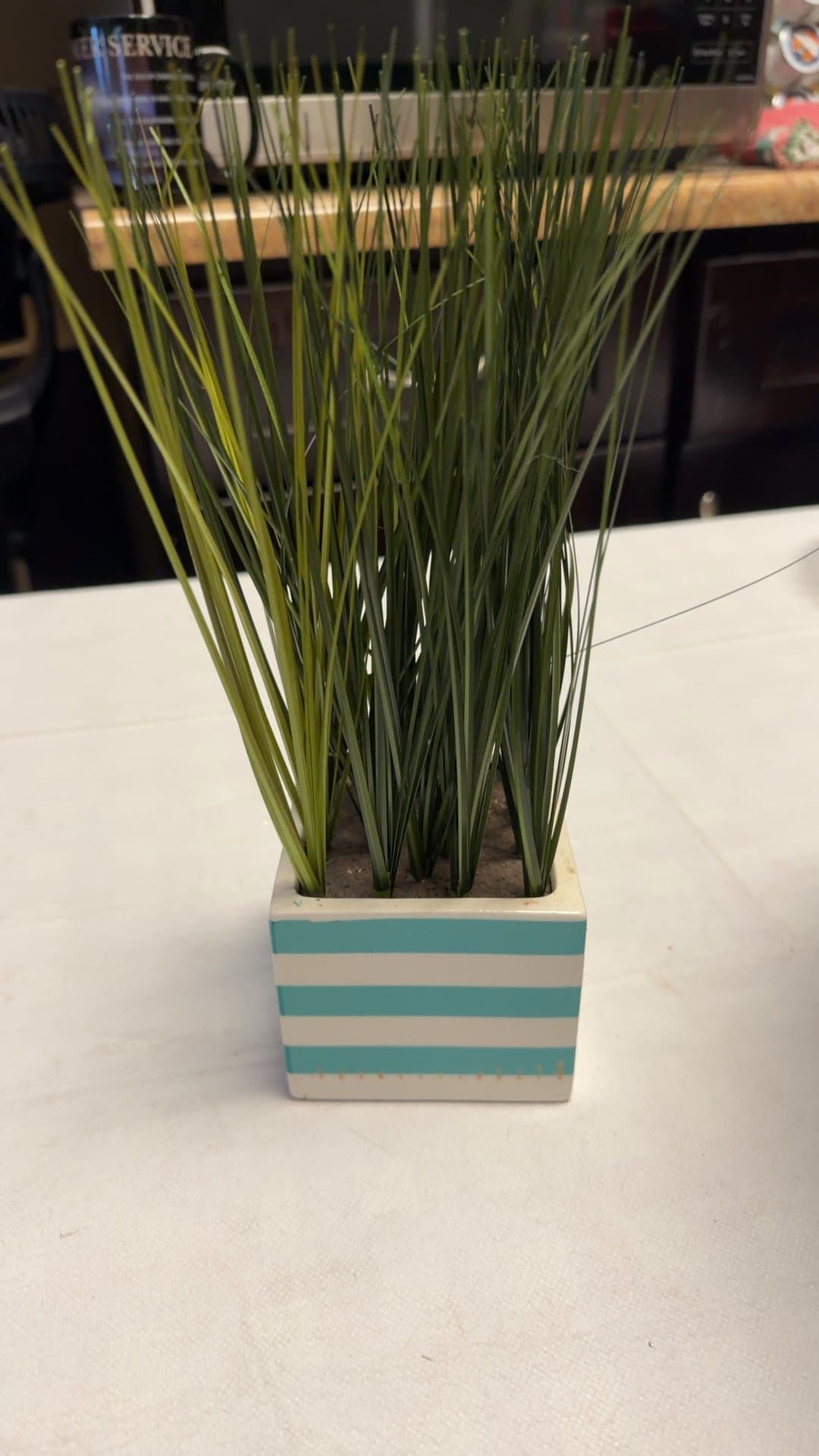 Artificial Wheatgrass in Striped Ceramic Pot - Image 1
