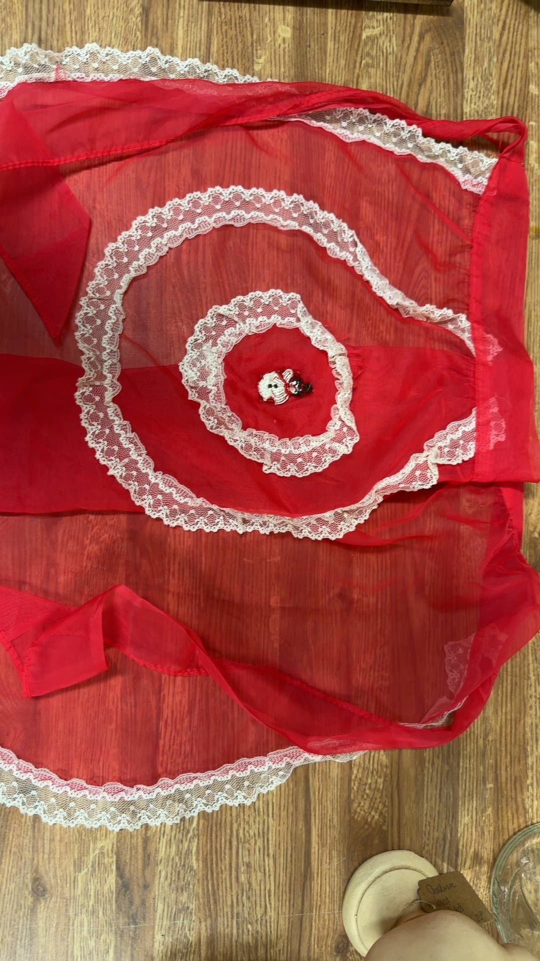 Vintage Red Sheer Apron with Lace Trim - Image 1