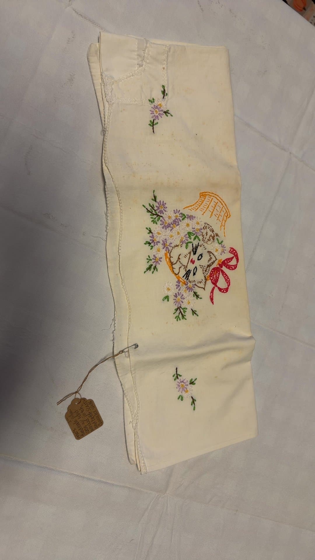 Vintage Cross-Stitch Linen Table Runner - Image 1