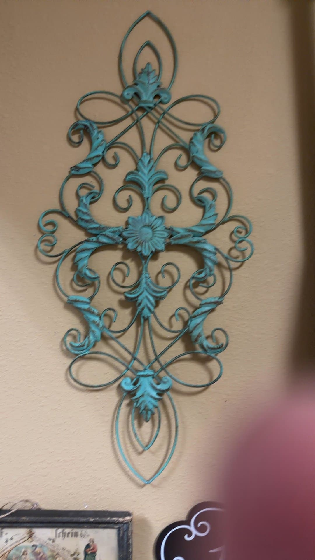 Turquoise Metal Scrollwork Wall Decor Plaque - Image 1