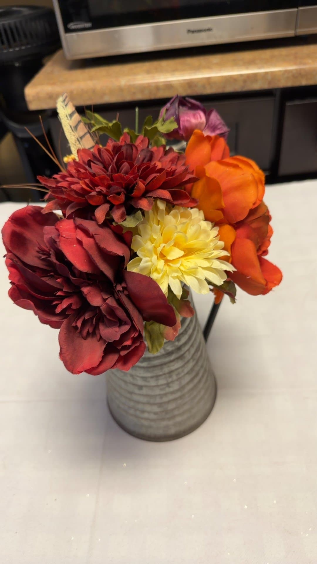 Artificial Autumn Floral Arrangement in Galvanized Metal Pitcher - Image 1