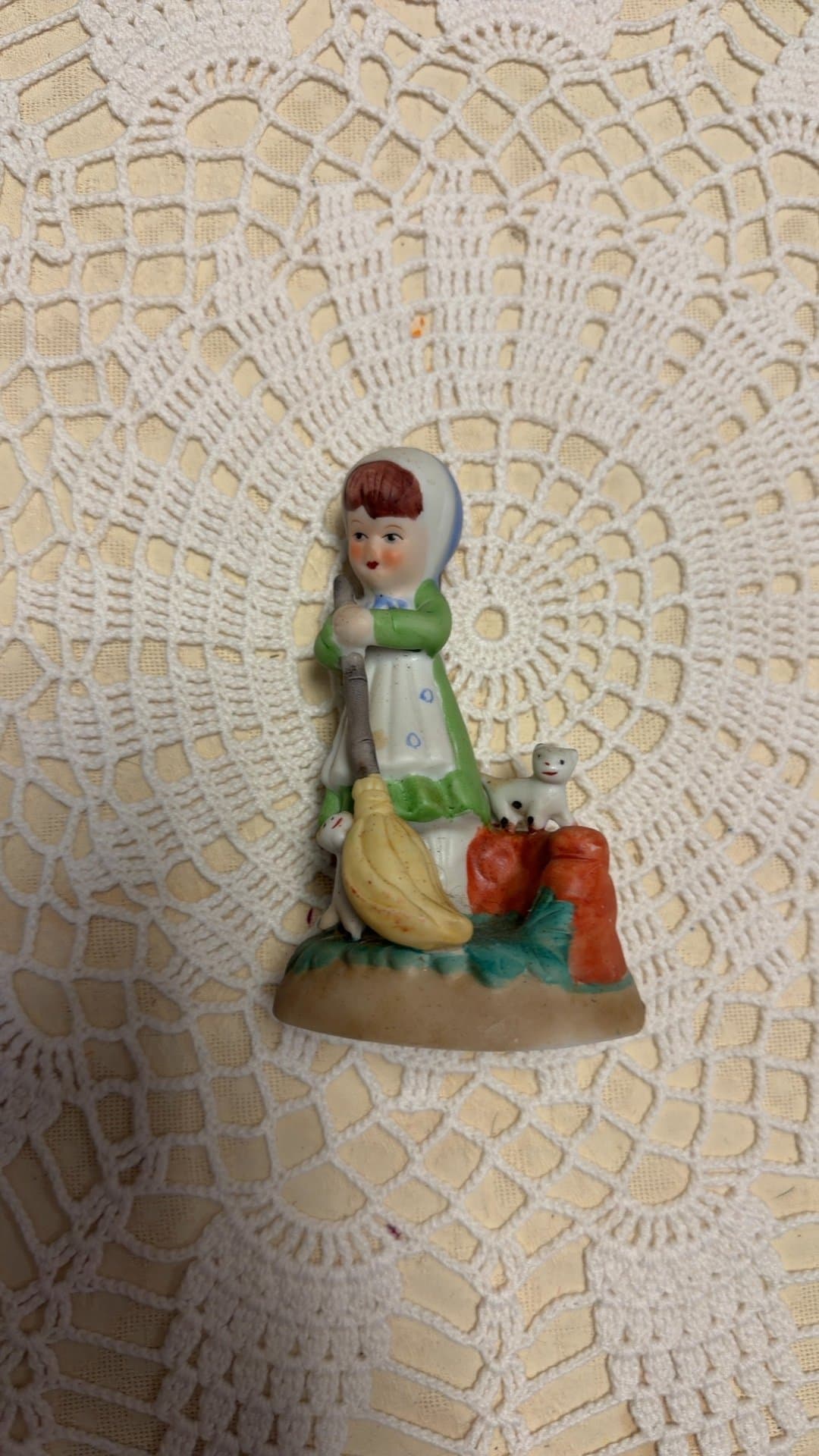 Vintage Bisque Porcelain Girl Sweeping with Broom Figurine - Image 1