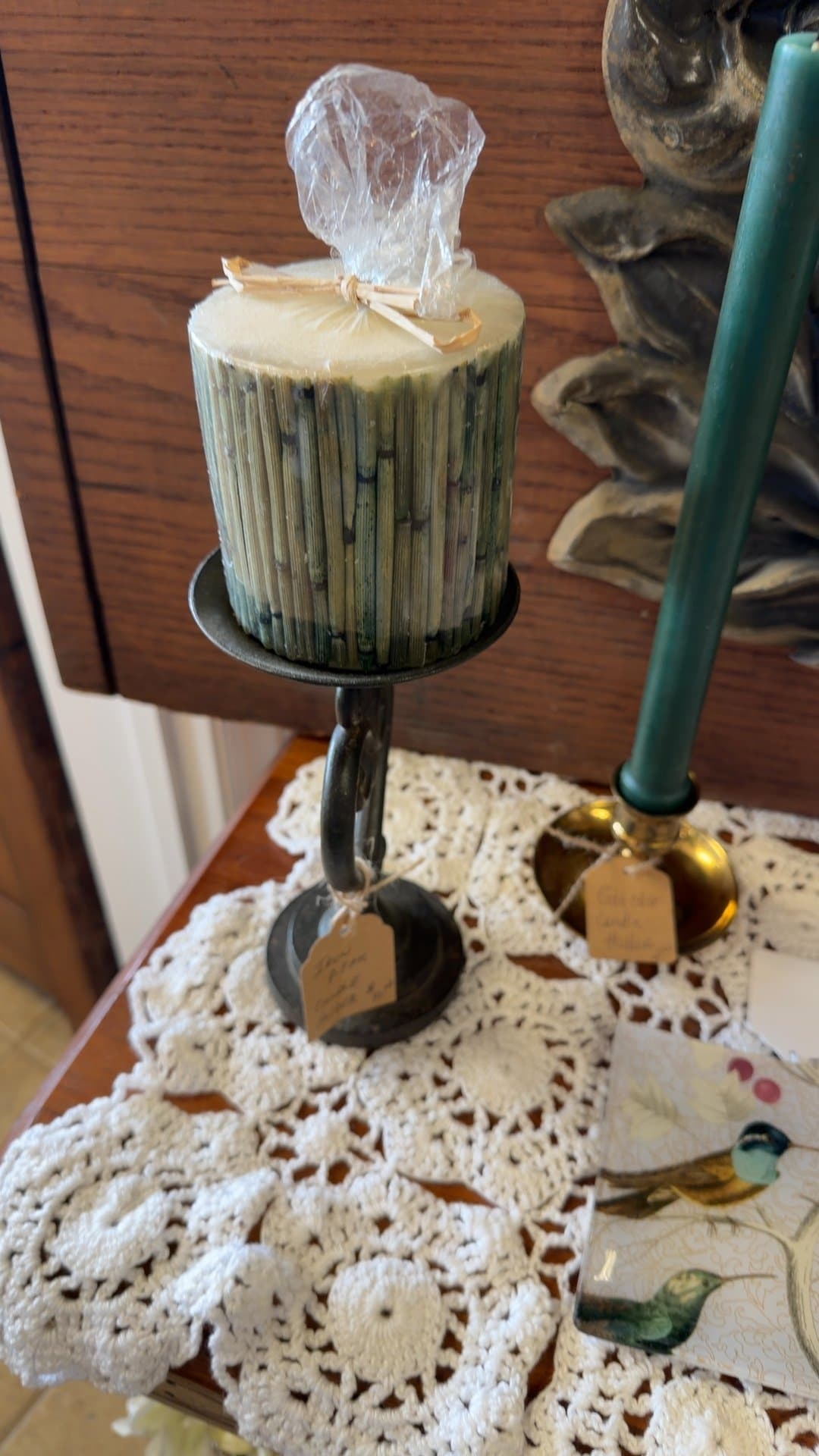Iron Pillar Candle Holder with Decorative Candle - Image 1