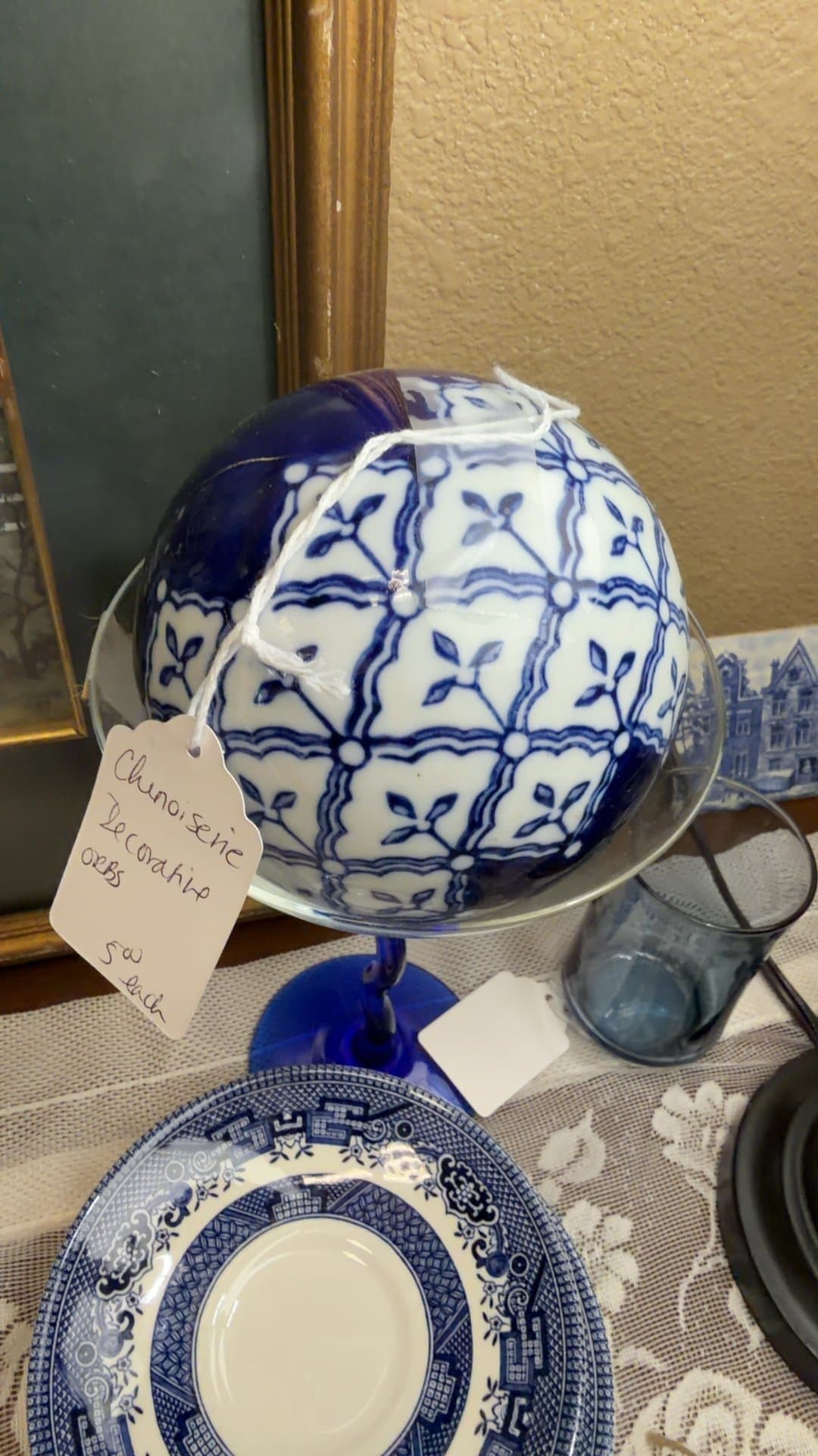 Blue and White Chinoiserie Decorative Orb - Image 1