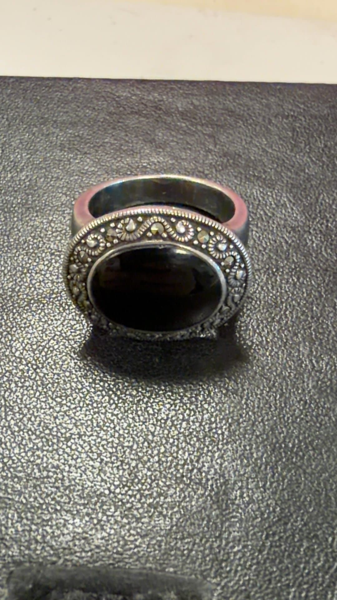 Vintage Silver Marcasite Ring with Black Onyx - Image 1