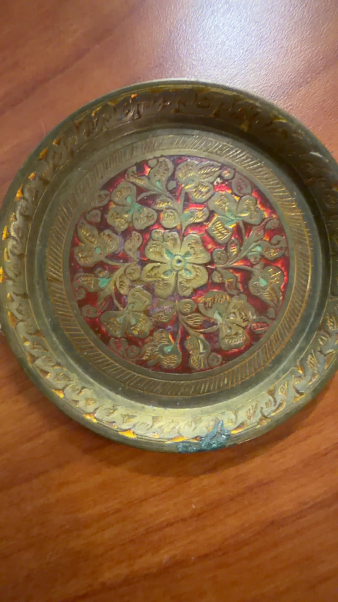 Hand Etched Brass Enamel Dish - Image 1