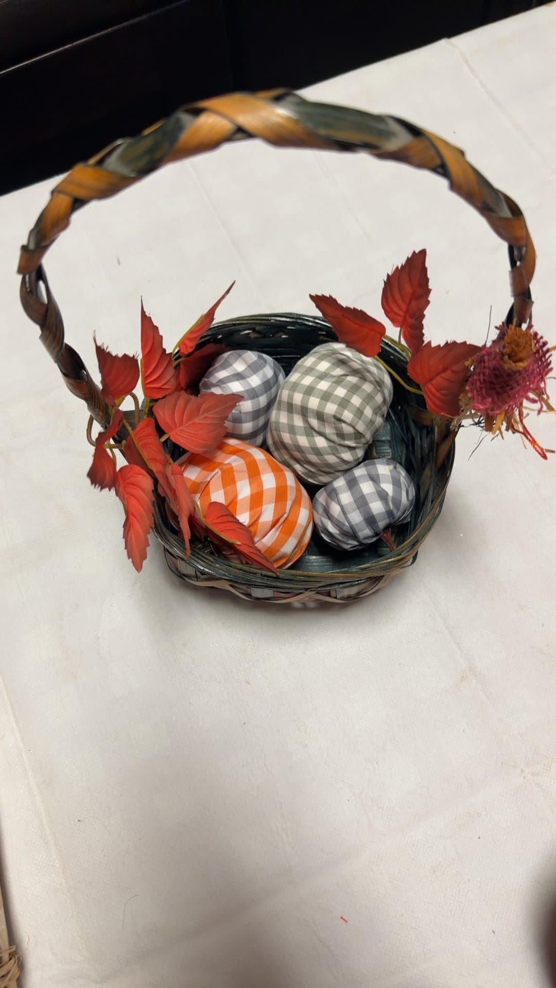 Decorative Wicker Basket with Fabric Pumpkins - Image 1