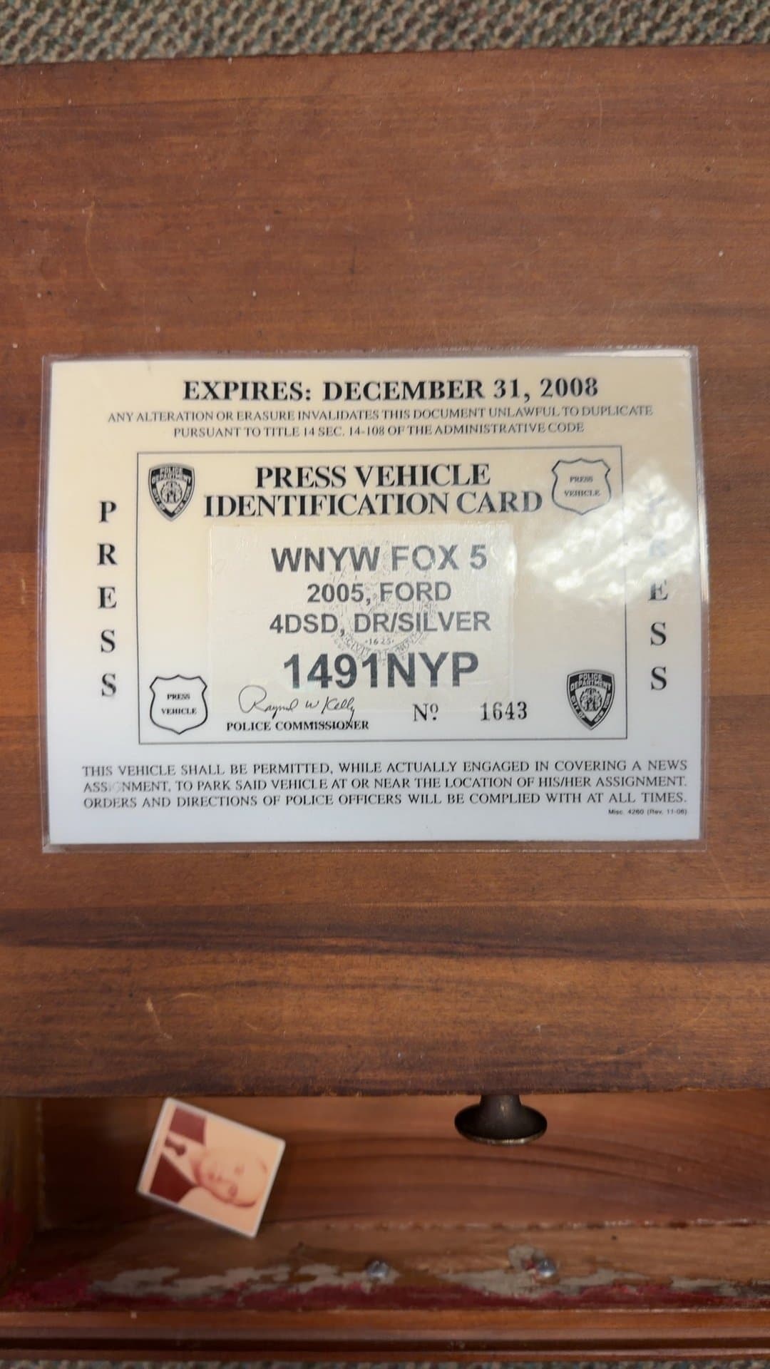 Press Vehicle Identification Card for WNYW FOX 5 - Image 1