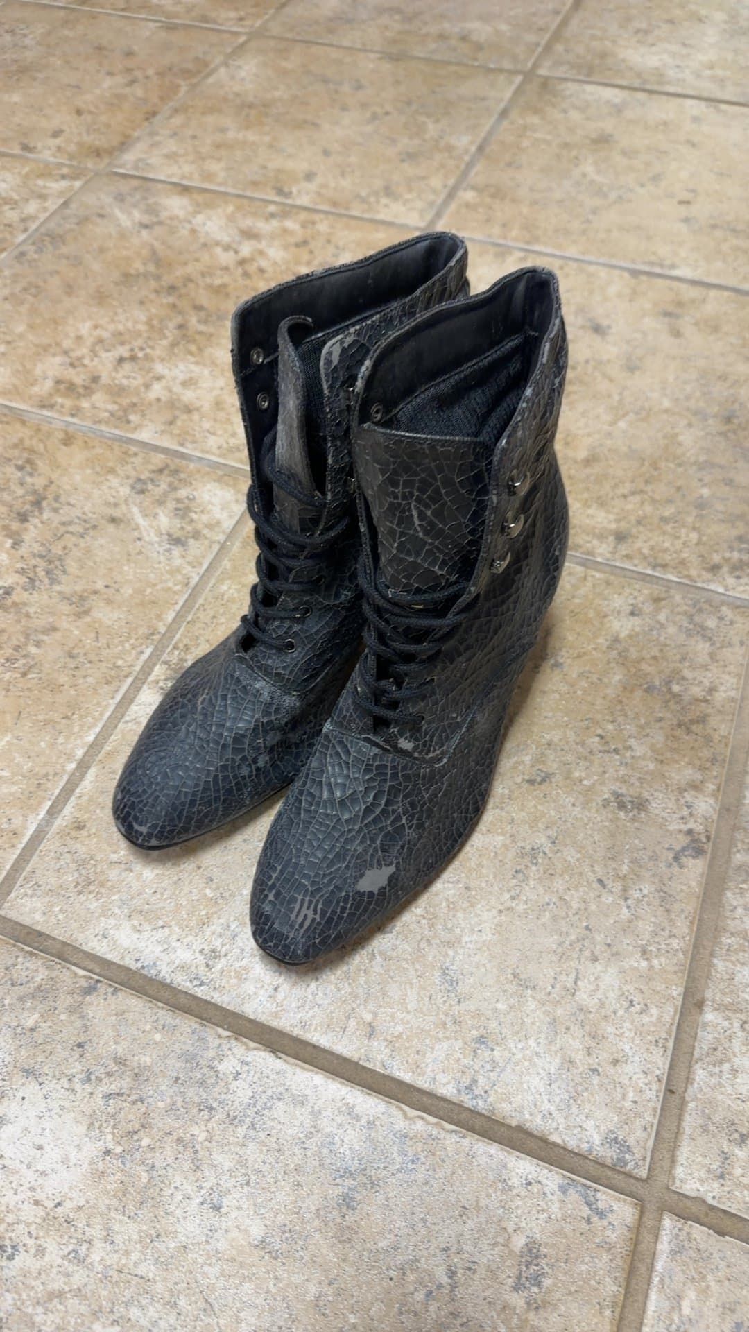 Witch's Black Cracked Faux Leather Victorian Style Lace-Up - Image 1