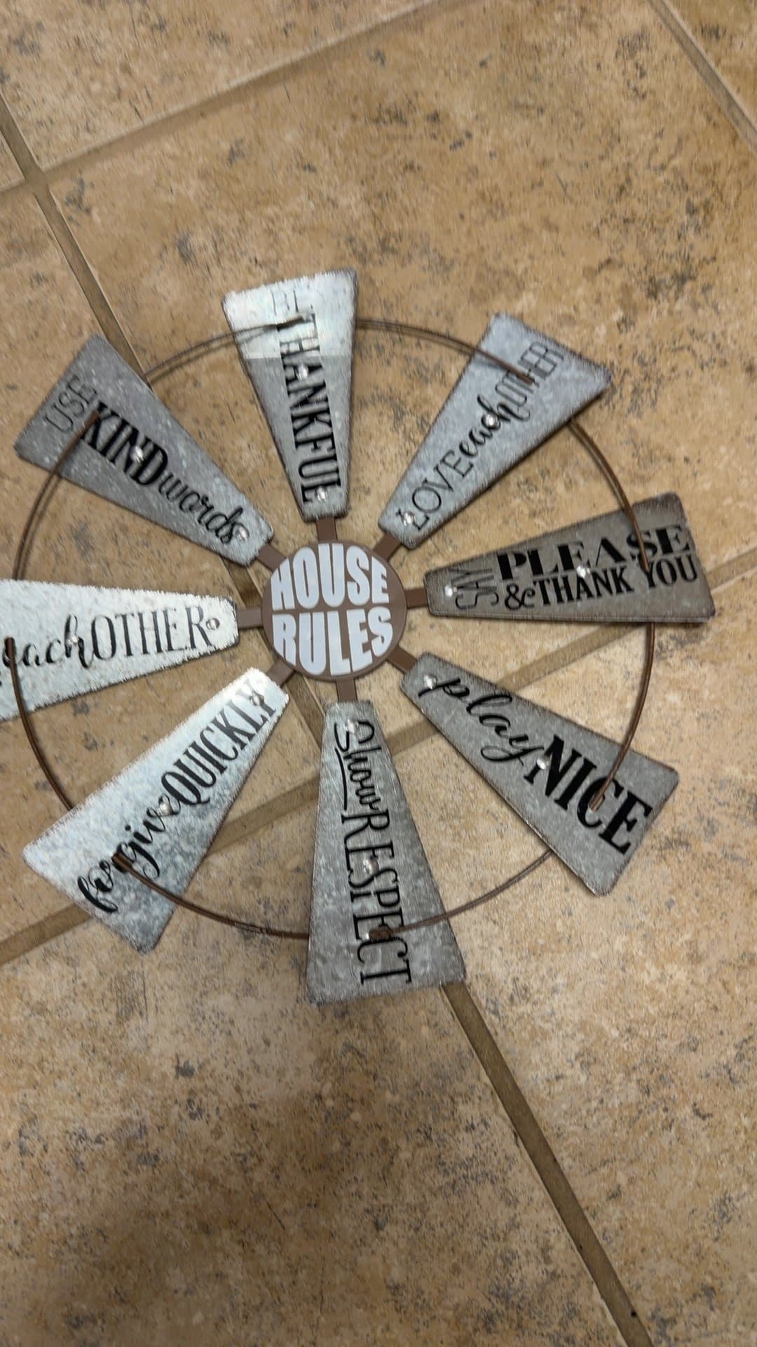 Galvanized Metal Windmill House Rules Wall Decor - Image 1
