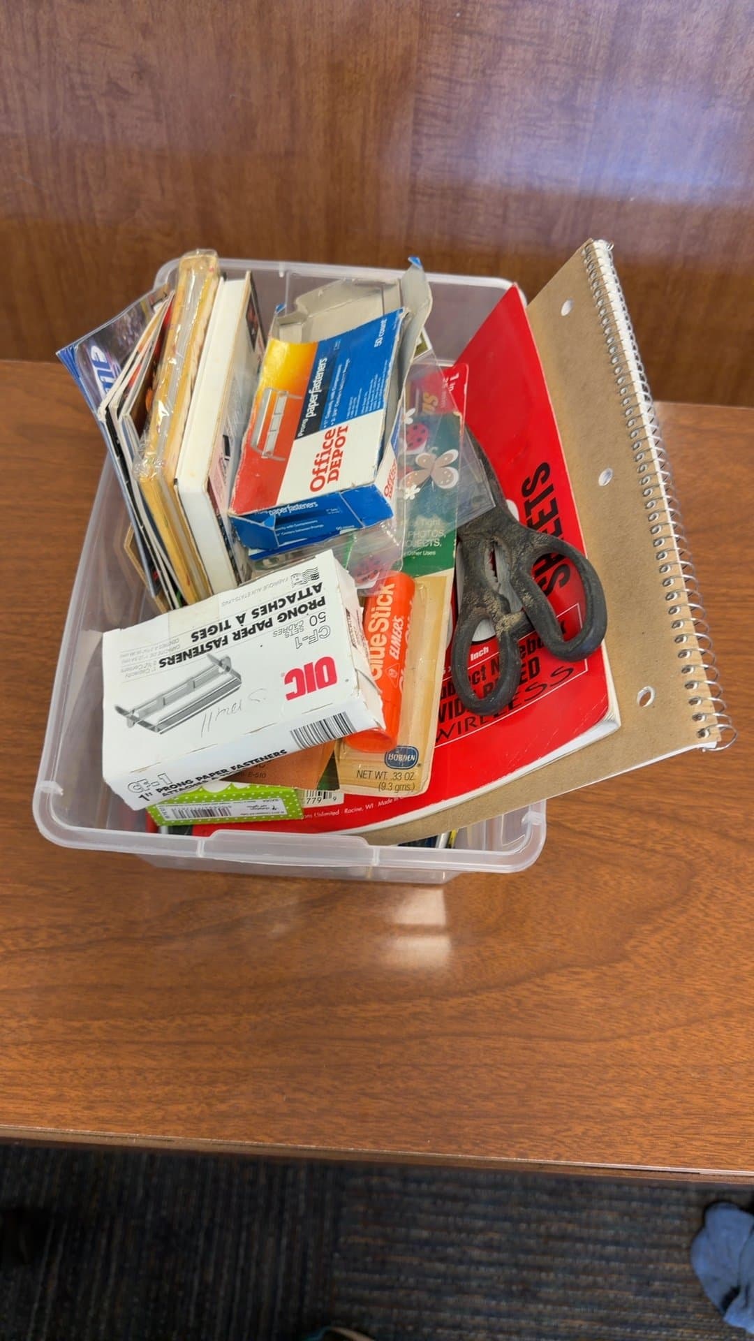 Assorted Office Supplies in Plastic Bin - Image 1