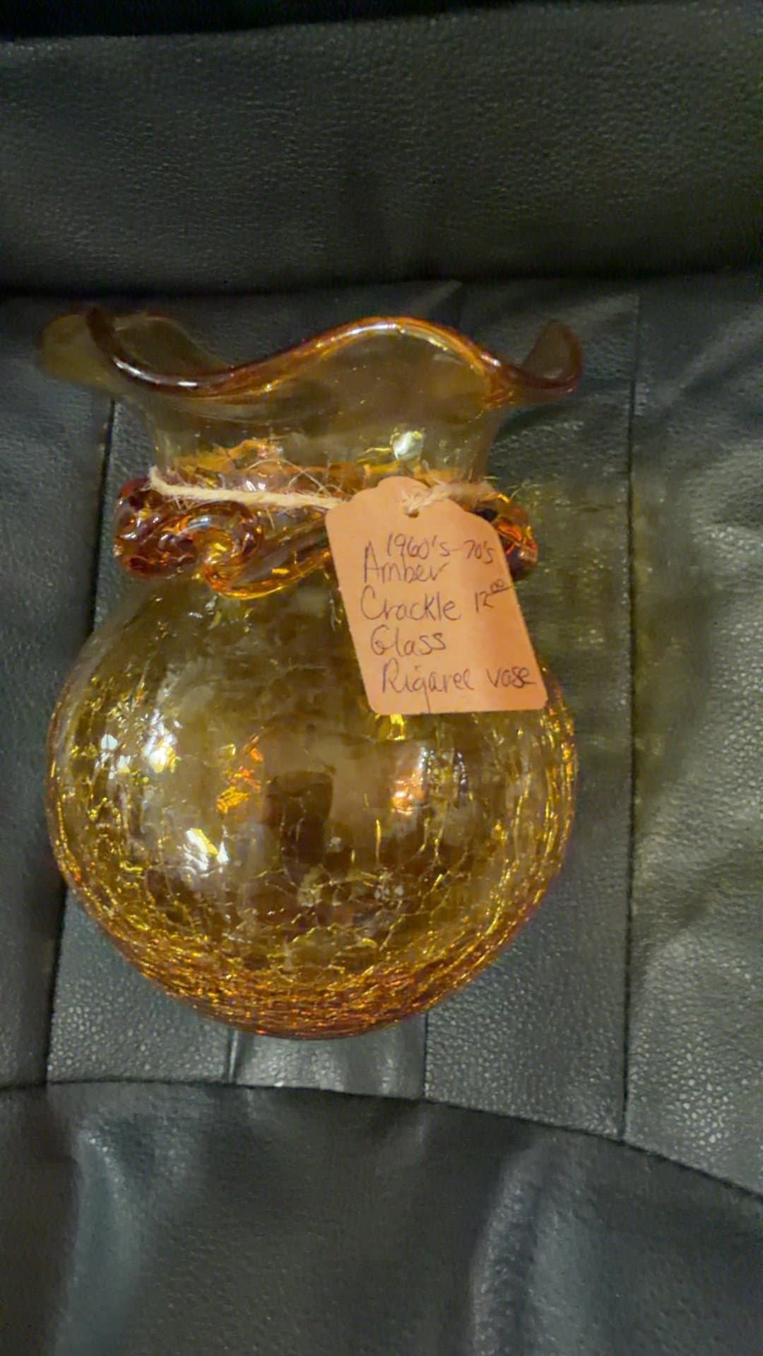 1960s Amber Crackle Glass Rigaree Vase - Image 1
