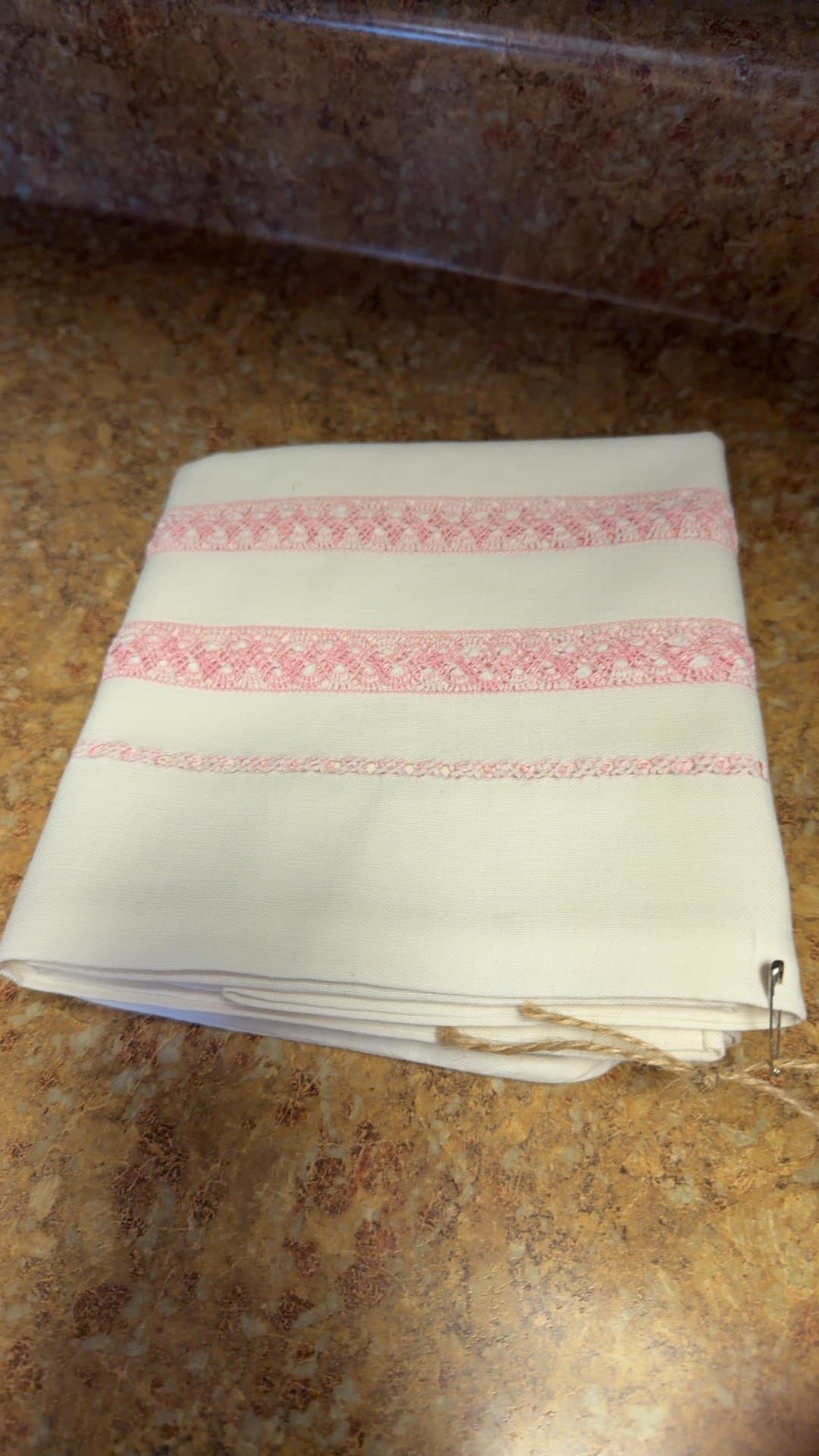 Vintage Linen Tablecloth with Pink Lace Trim - Image 1