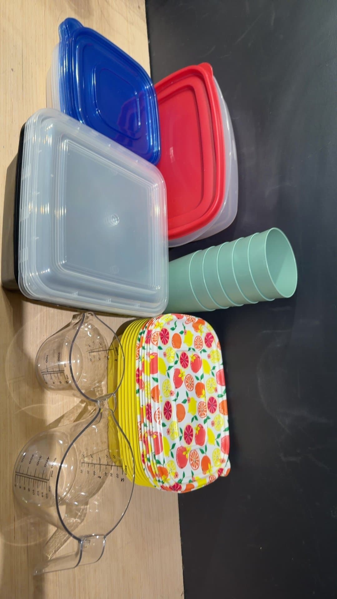 Assorted Plastic Kitchenware Set with Food Storage Containers, Measuring Cups, and Tumblers - Image 1