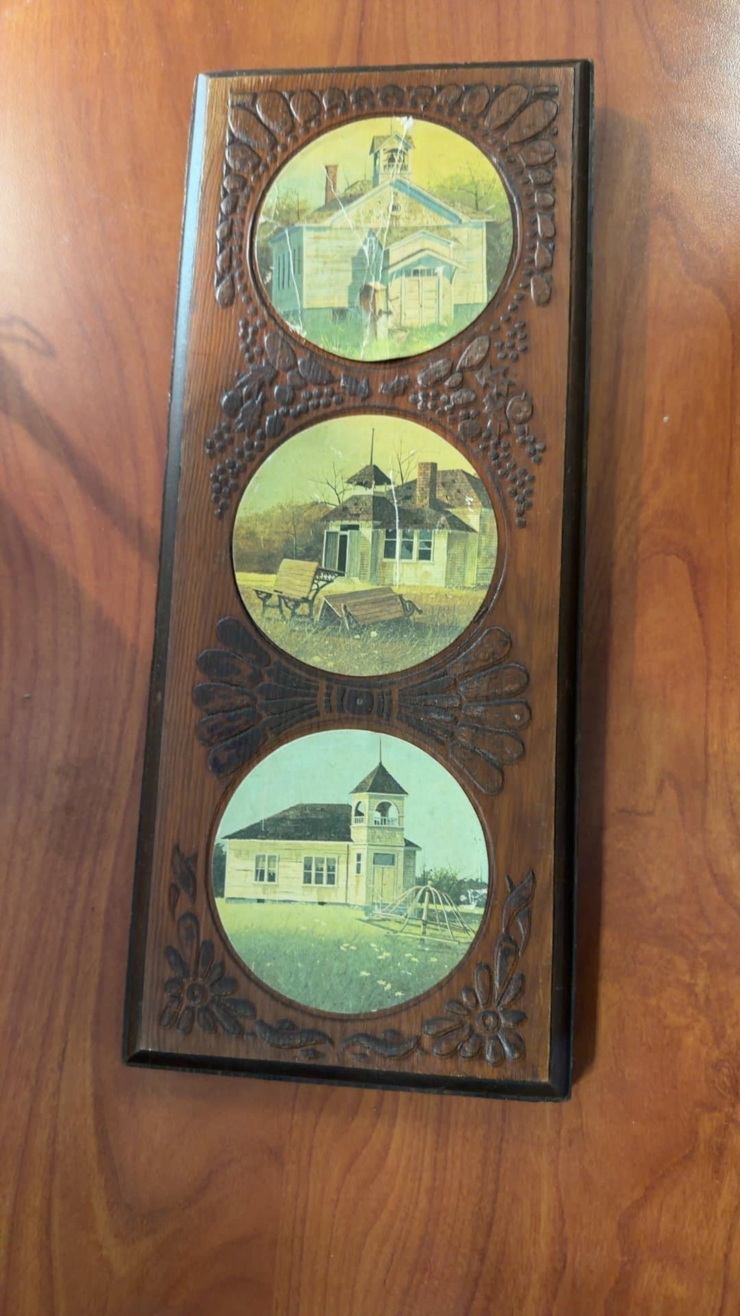 Vintage Wooden Wall Plaque with Schoolhouse Images - Image 1