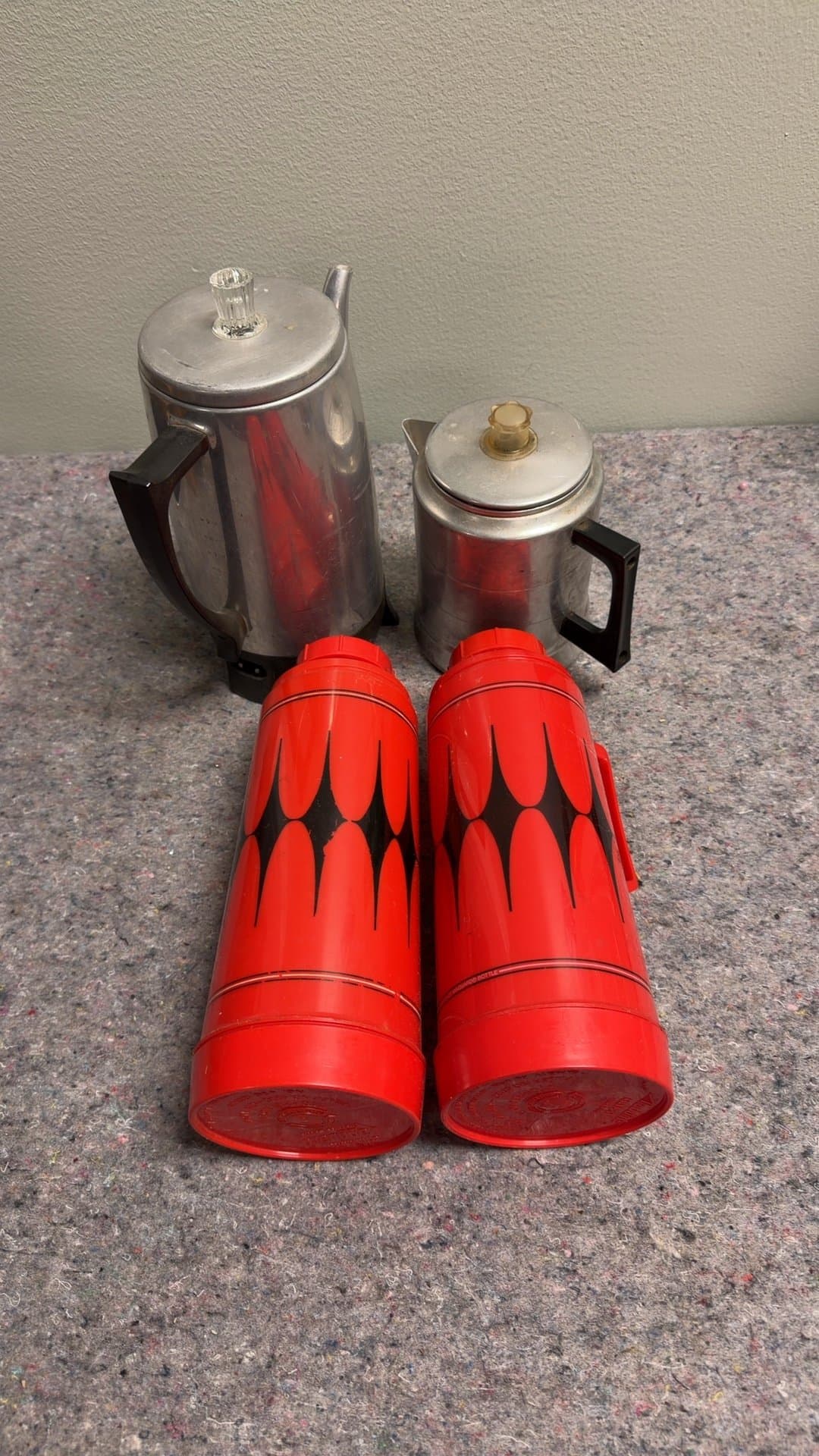 Vintage Aluminum Coffee Pots and Red Thermos Set - Image 1