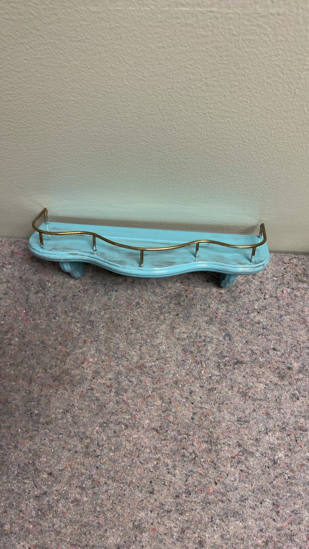 Turquoise Wooden Wall Shelf with Brass Rail - Image 1