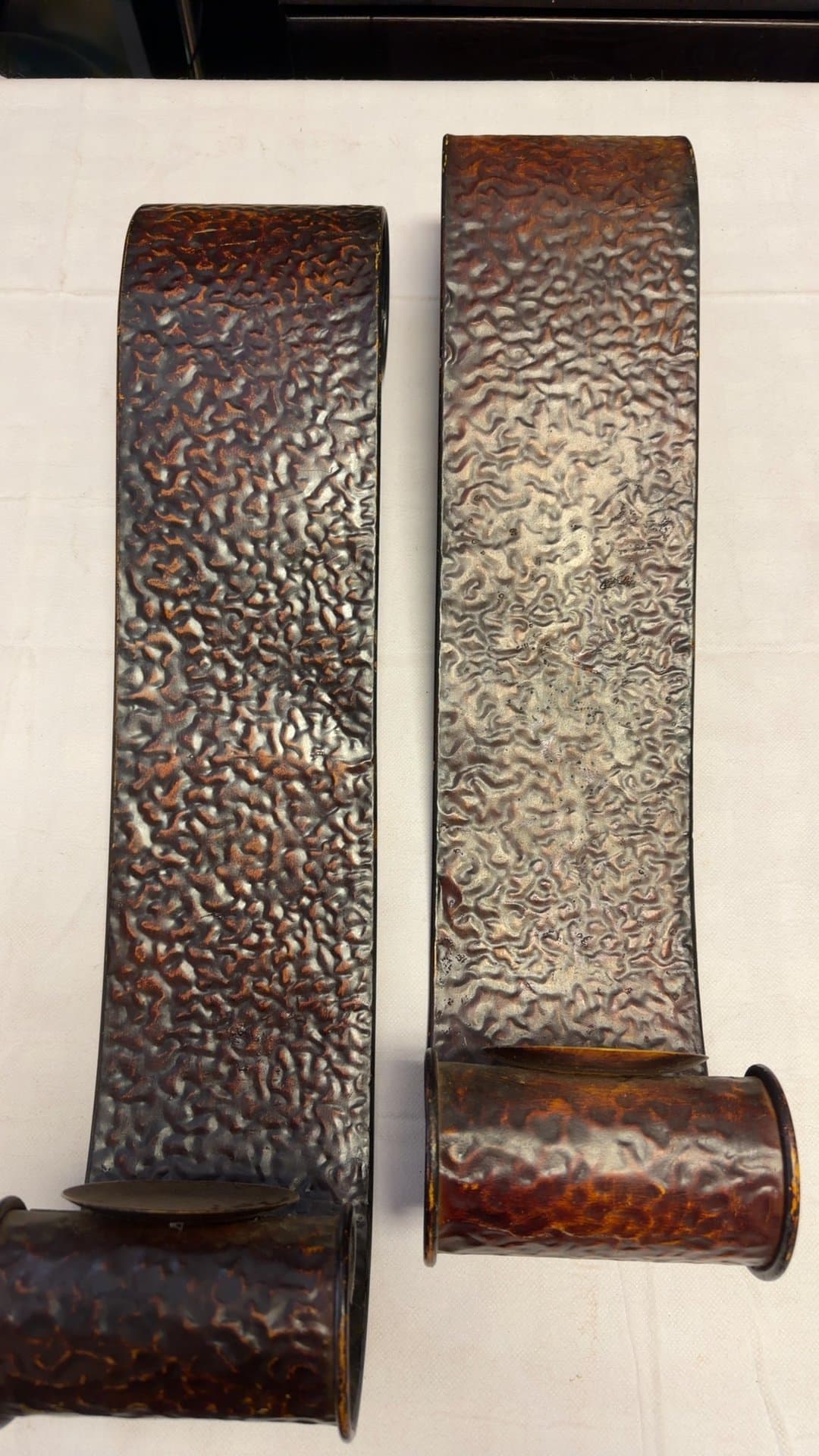 Hammered Metal Wall Sconces Candle Holders Pair - Image 1