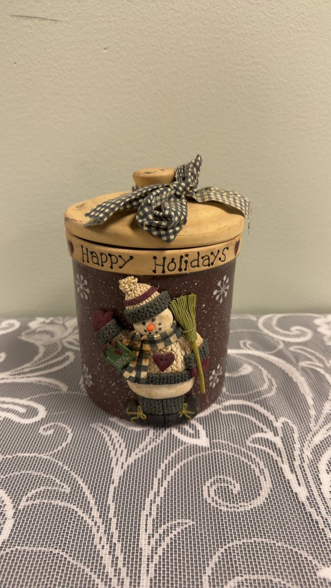 Rustic Snowman Ceramic Holiday Canister Jar with Lid - Image 1