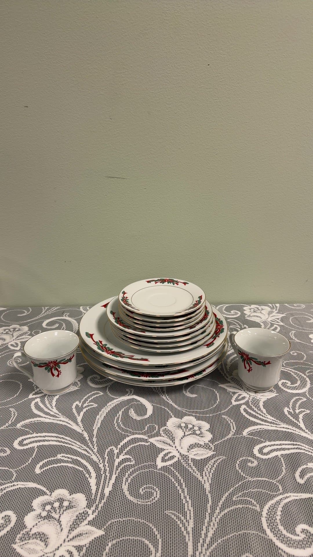 Poinsettia & Ribbons Fine China Christmas Dinnerware Set - Image 1