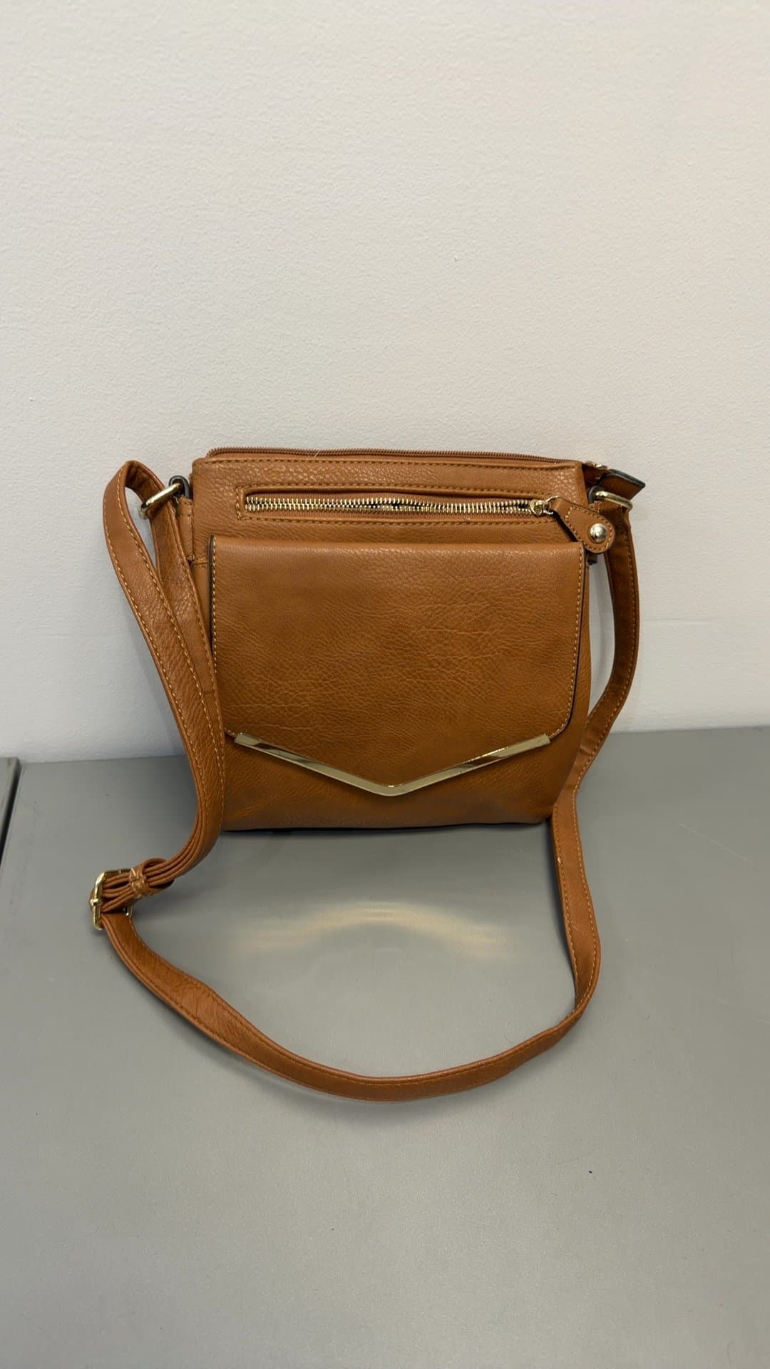 Cognac Faux Leather Crossbody Bag with Gold Hardware Accent - Image 1