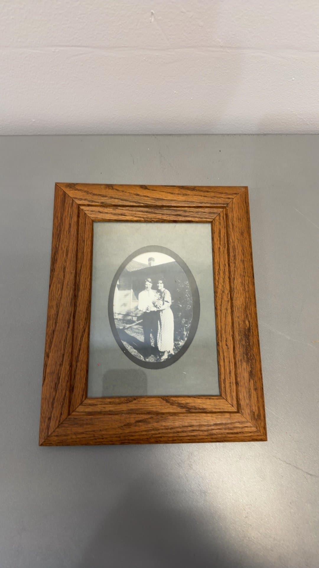 Vintage Oak Wooden Picture Frame with Vintage Black and White Photo - Image 1