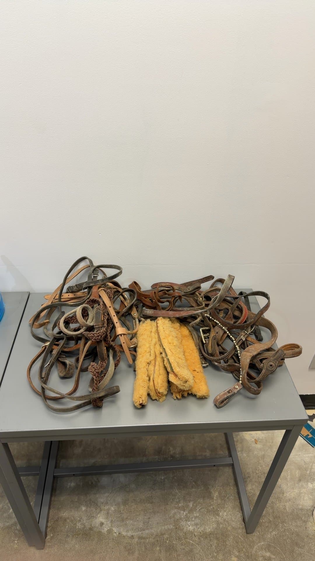 Assorted Leather Horse Tack Lot with Bridles, Reins, and Fleece Covers - Image 1