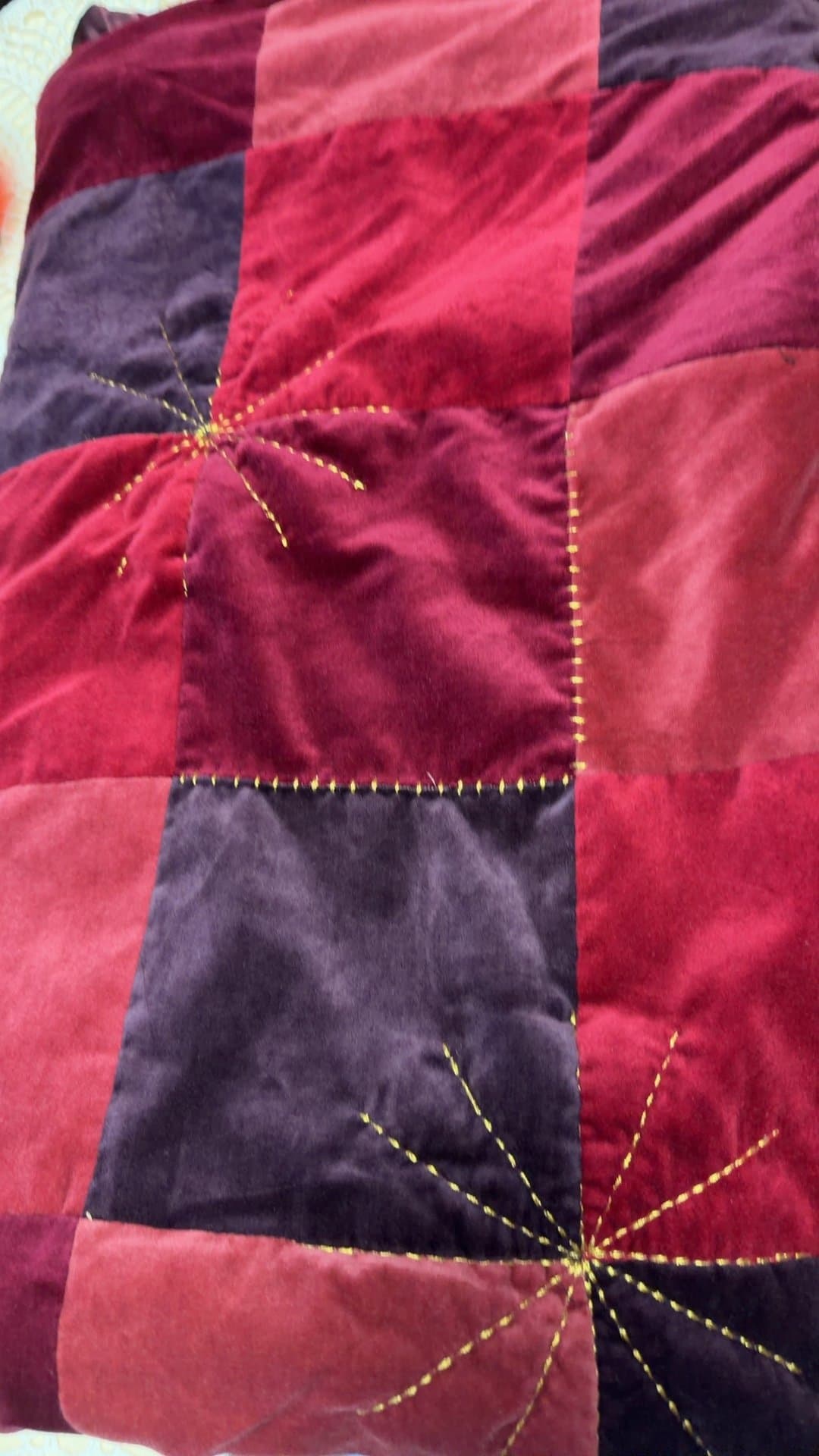 Velvet Patchwork Quilt Throw Blanket with Starburst Stitching - Image 1