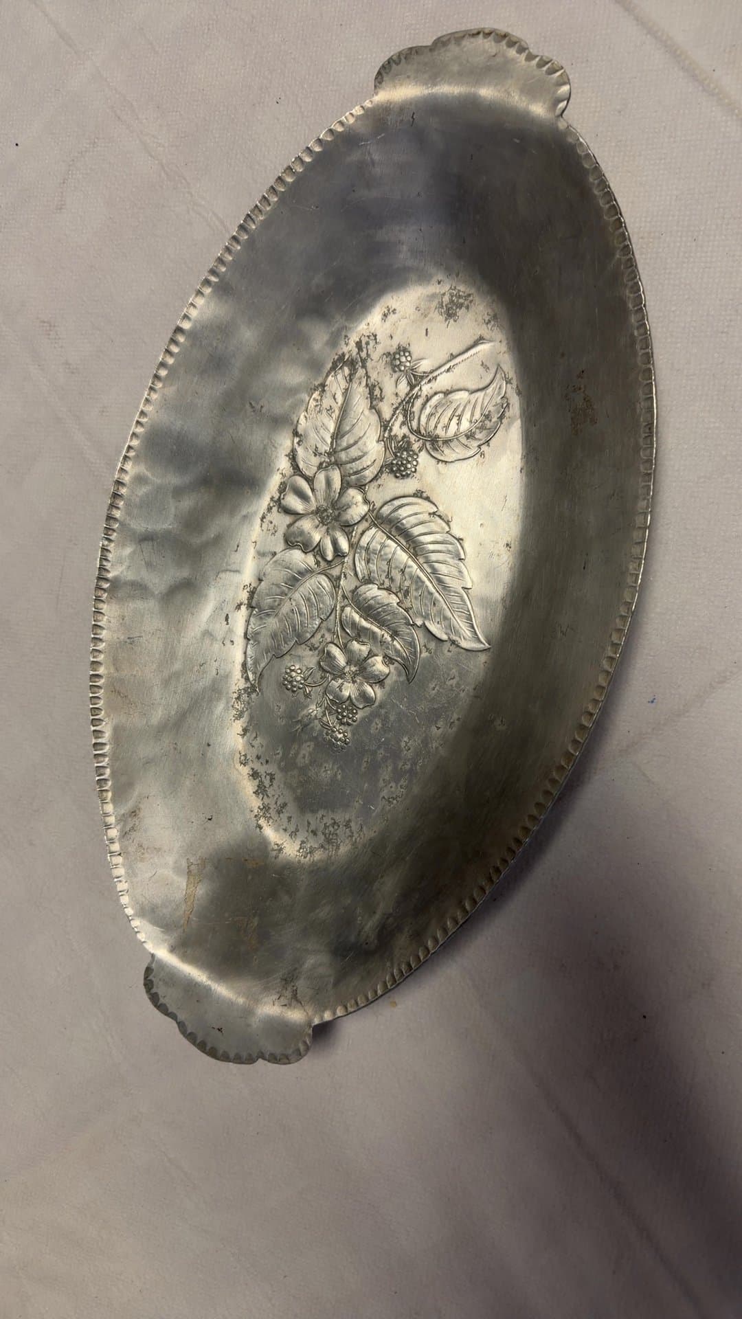 Vintage Hammered Metal Oval Tray with Floral Design - Image 1
