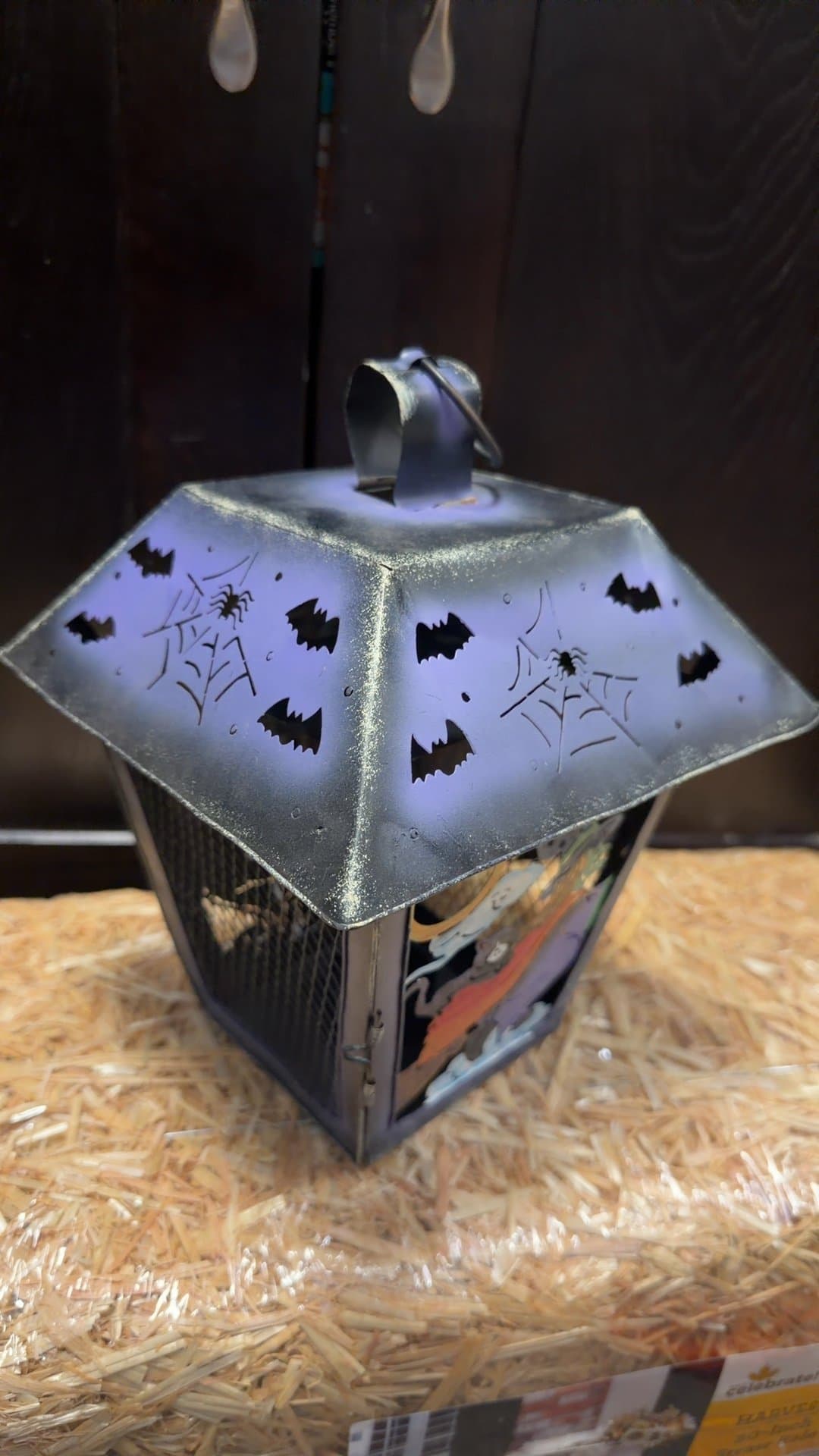 Halloween Metal Lantern Candle Holder with Witch Painted Glass Panel - Image 1