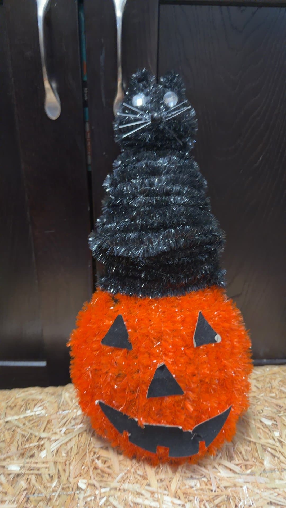 Tinsel Black Cat on Jack-O'-Lantern Halloween Decoration - Image 1