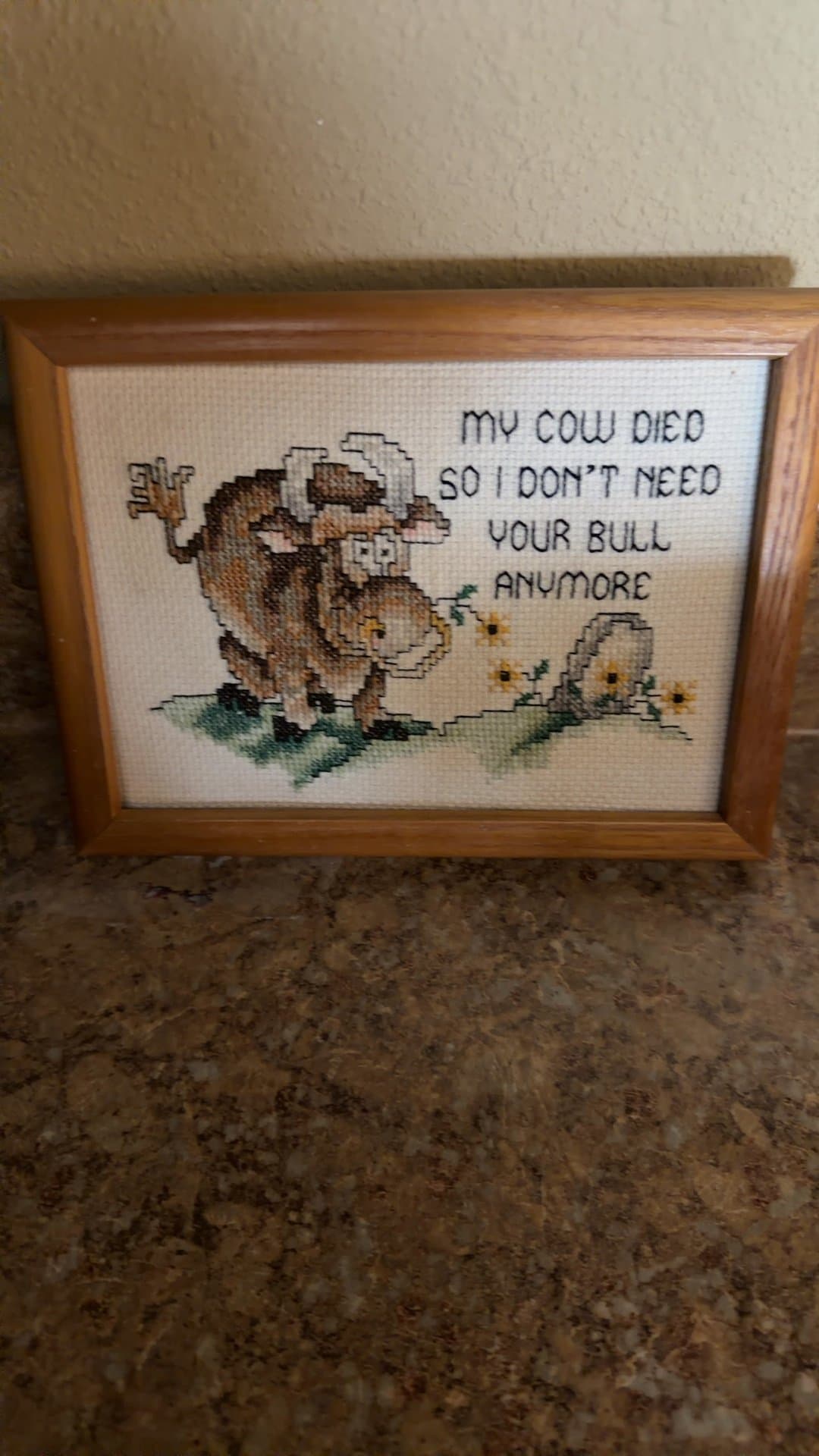 Framed Cross-Stitch Art with Humorous Cow Design - Image 1