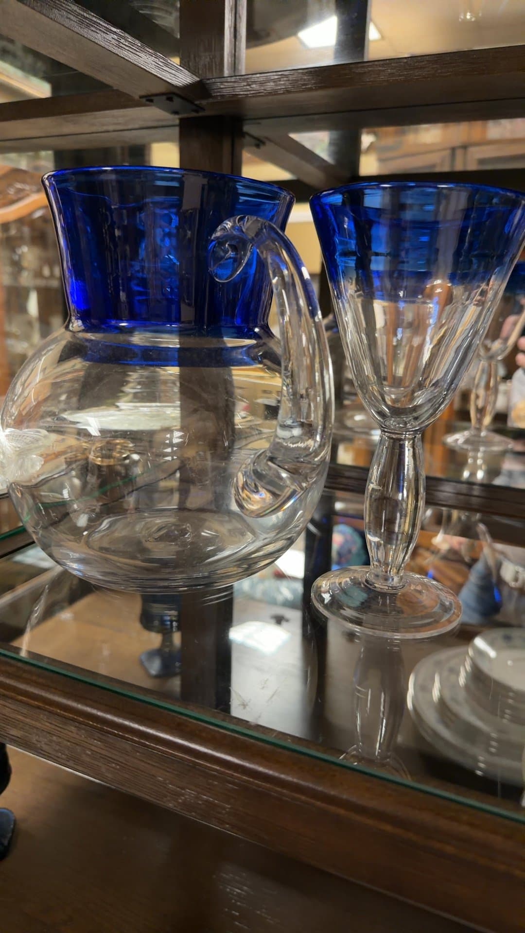 Cobalt Blue Glass Pitcher with Goblet - Image 1