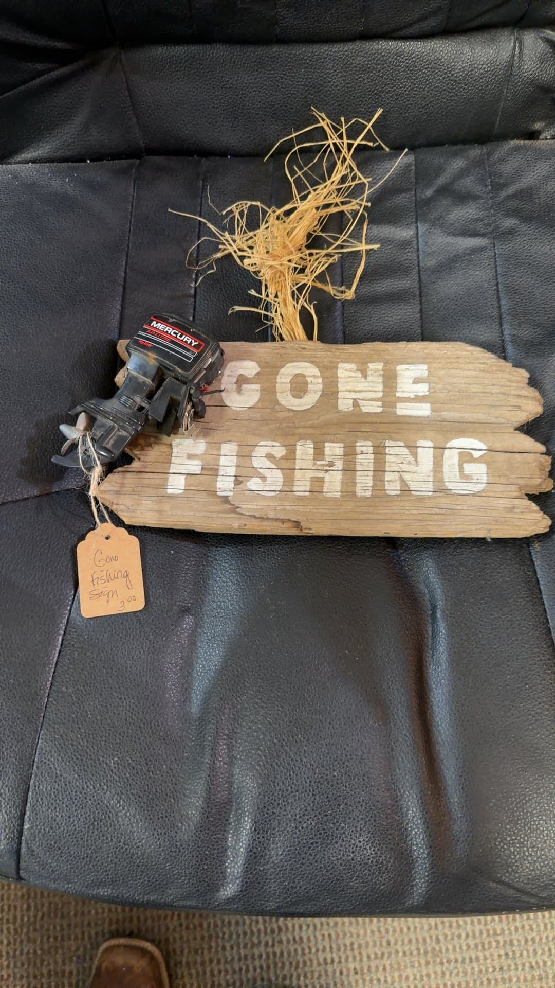 Rustic 'Gone Fishing' Wooden Sign with Mercury Outboard Motor Model - Image 1