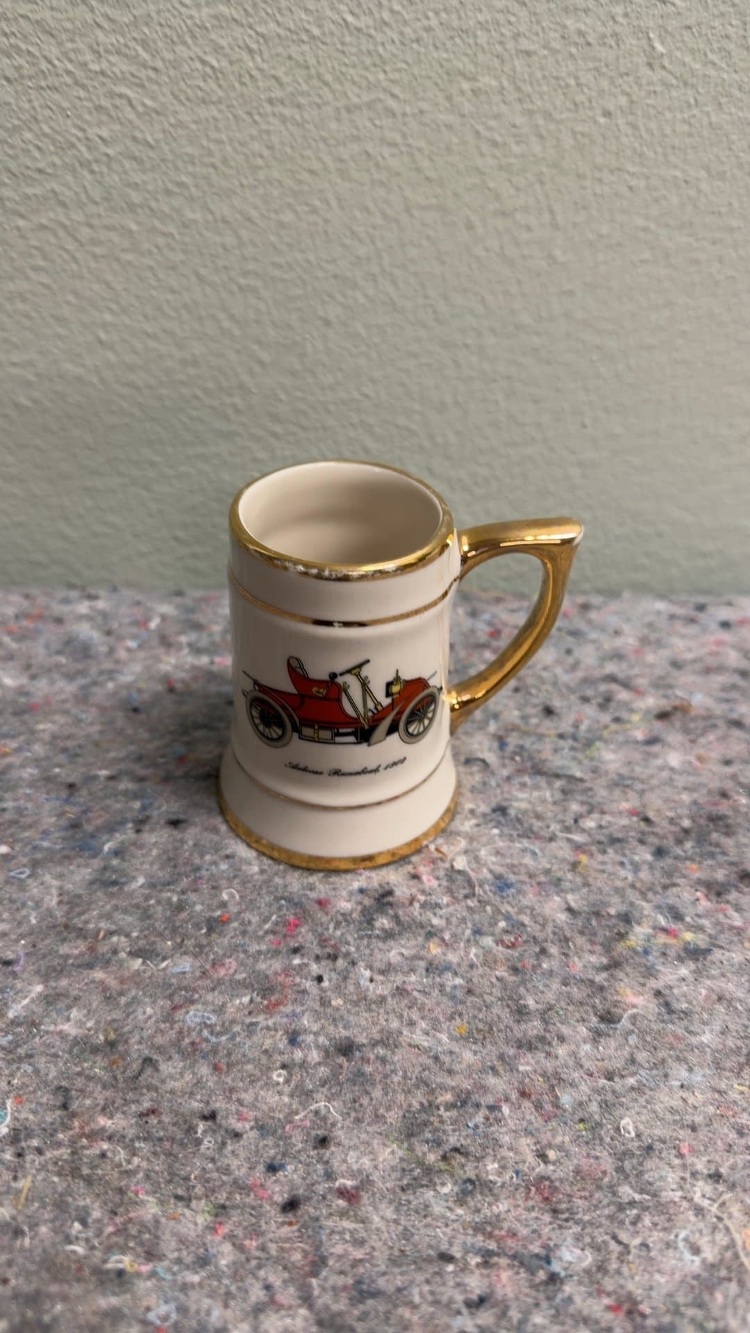 Vintage Ceramic Miniature Mug with Antique Car Design - Image 1