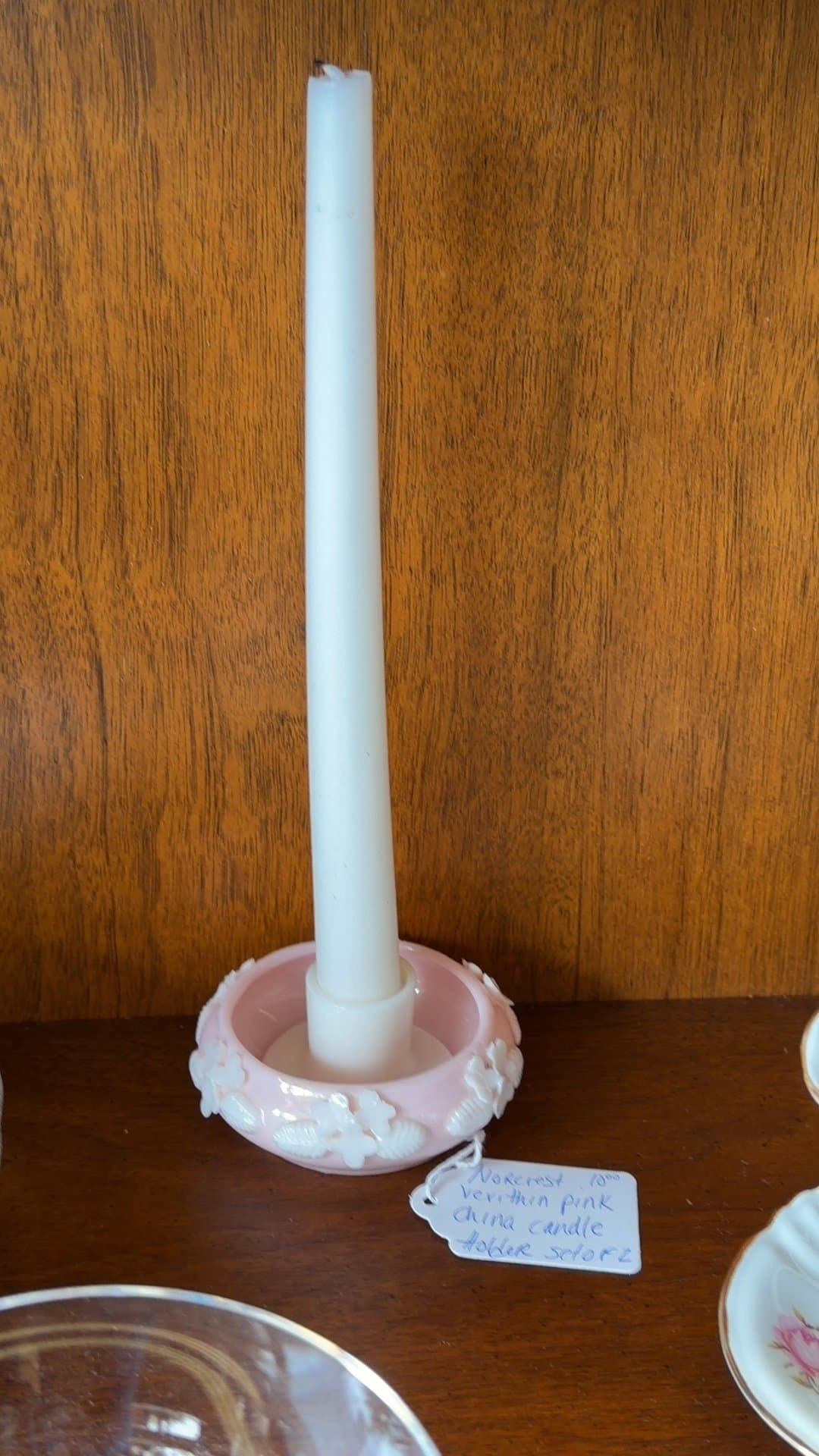 Pink Glass Candle Holder with White Floral Design