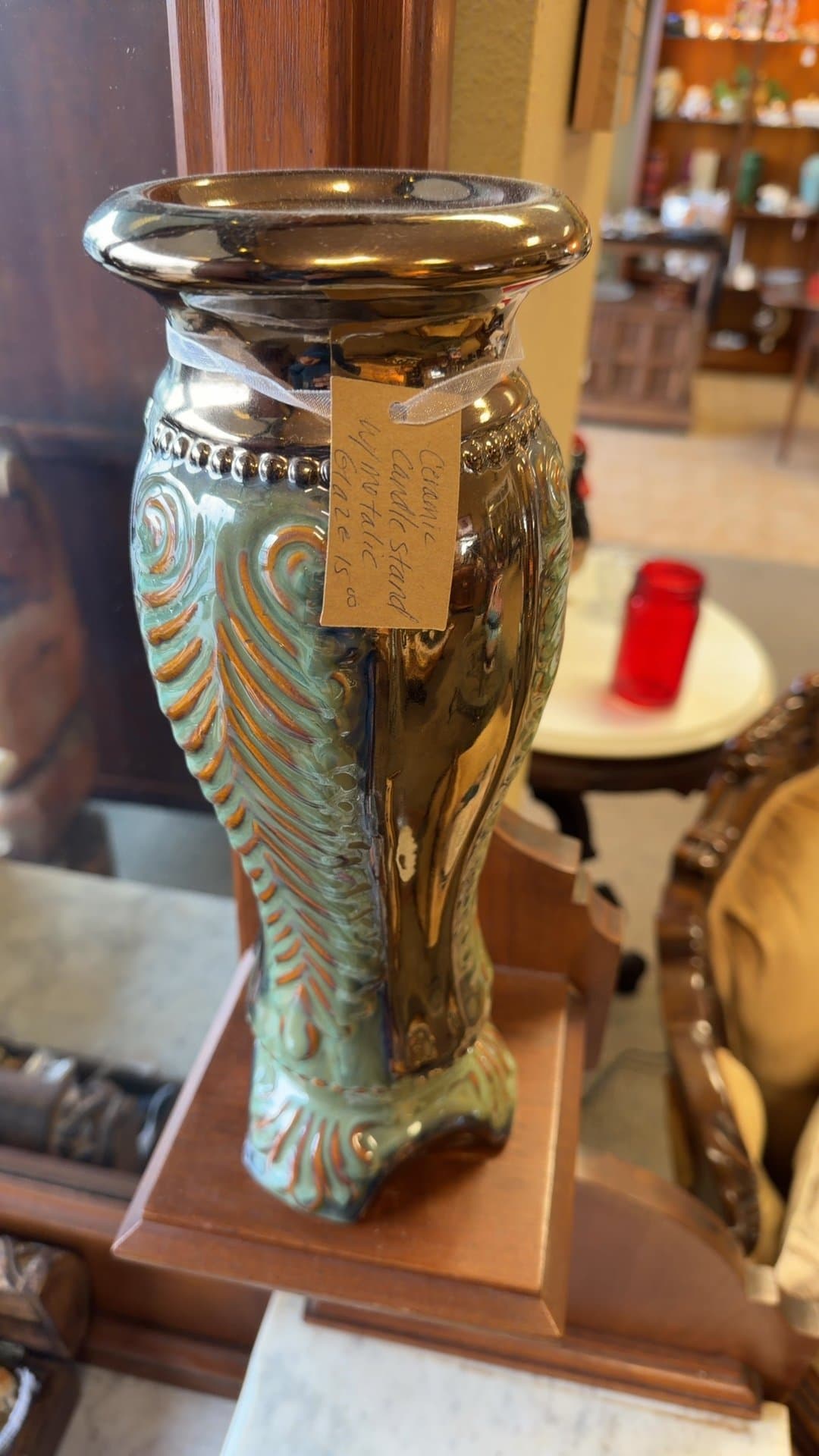 Vintage Ceramic Candle Stand with Metallic Glaze - Image 1