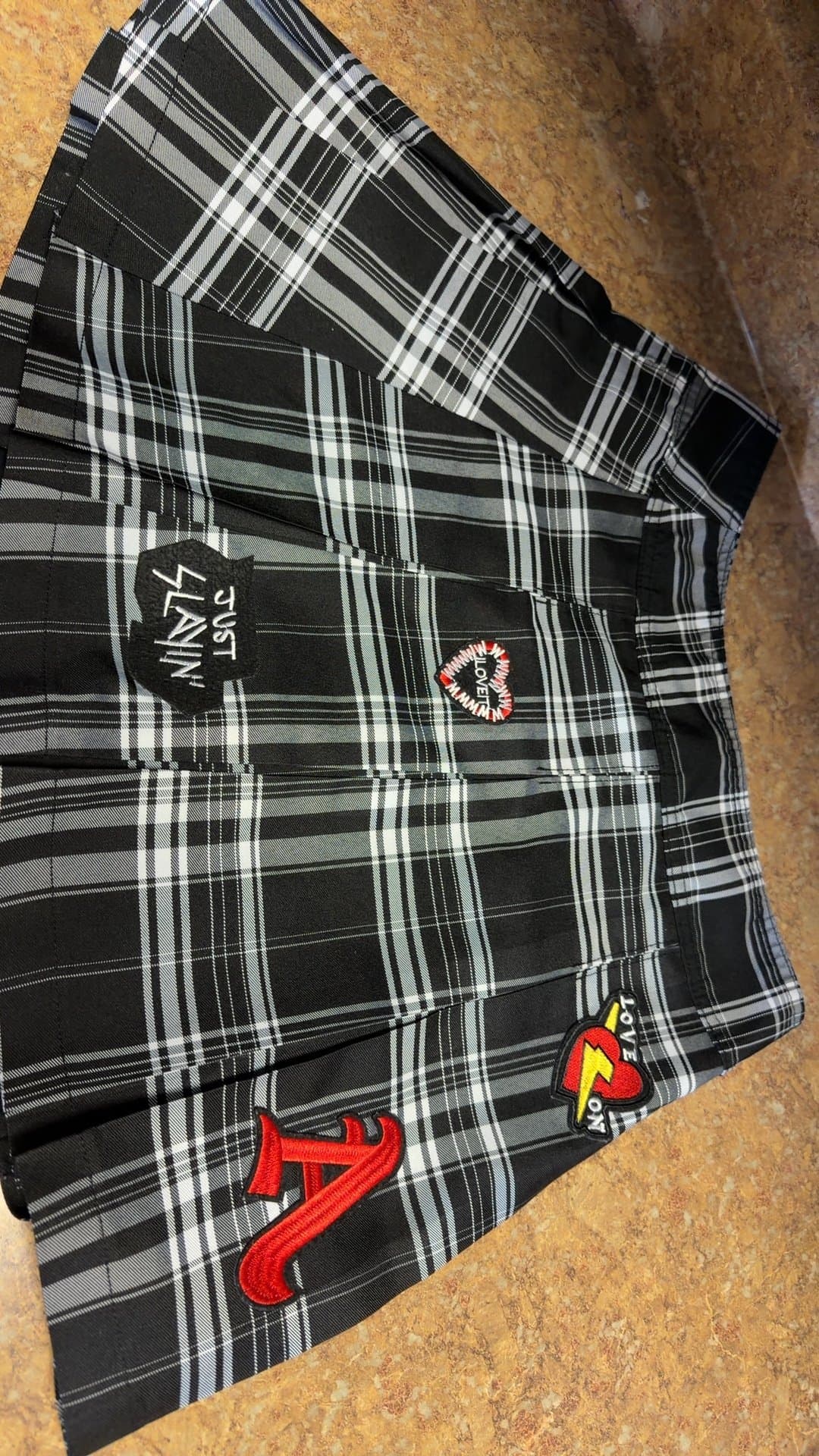 Black Tartan Pleated Skirt with Patches - Image 1